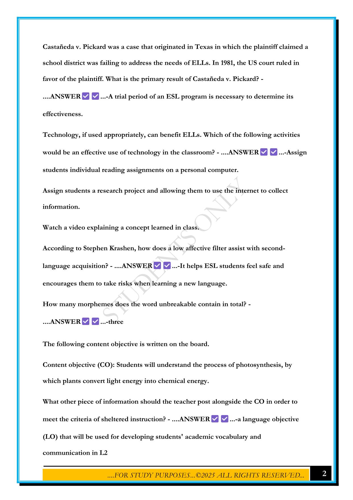 ESL PRACTICE TEST 2025 QUESTIONS AND ANSWERS