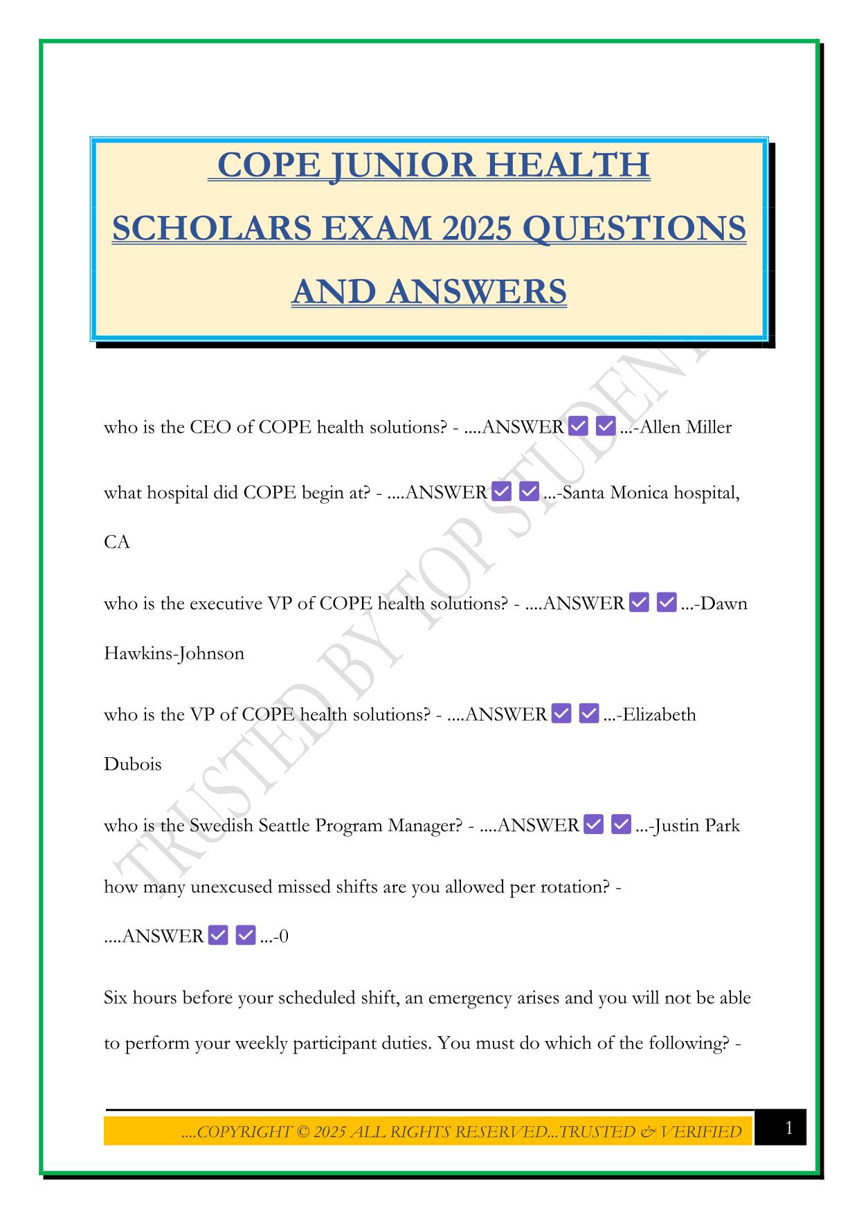 COPE JUNIOR HEALTH SCHOLARS EXAM 2025 QUESTIONS AND ANSWERS
