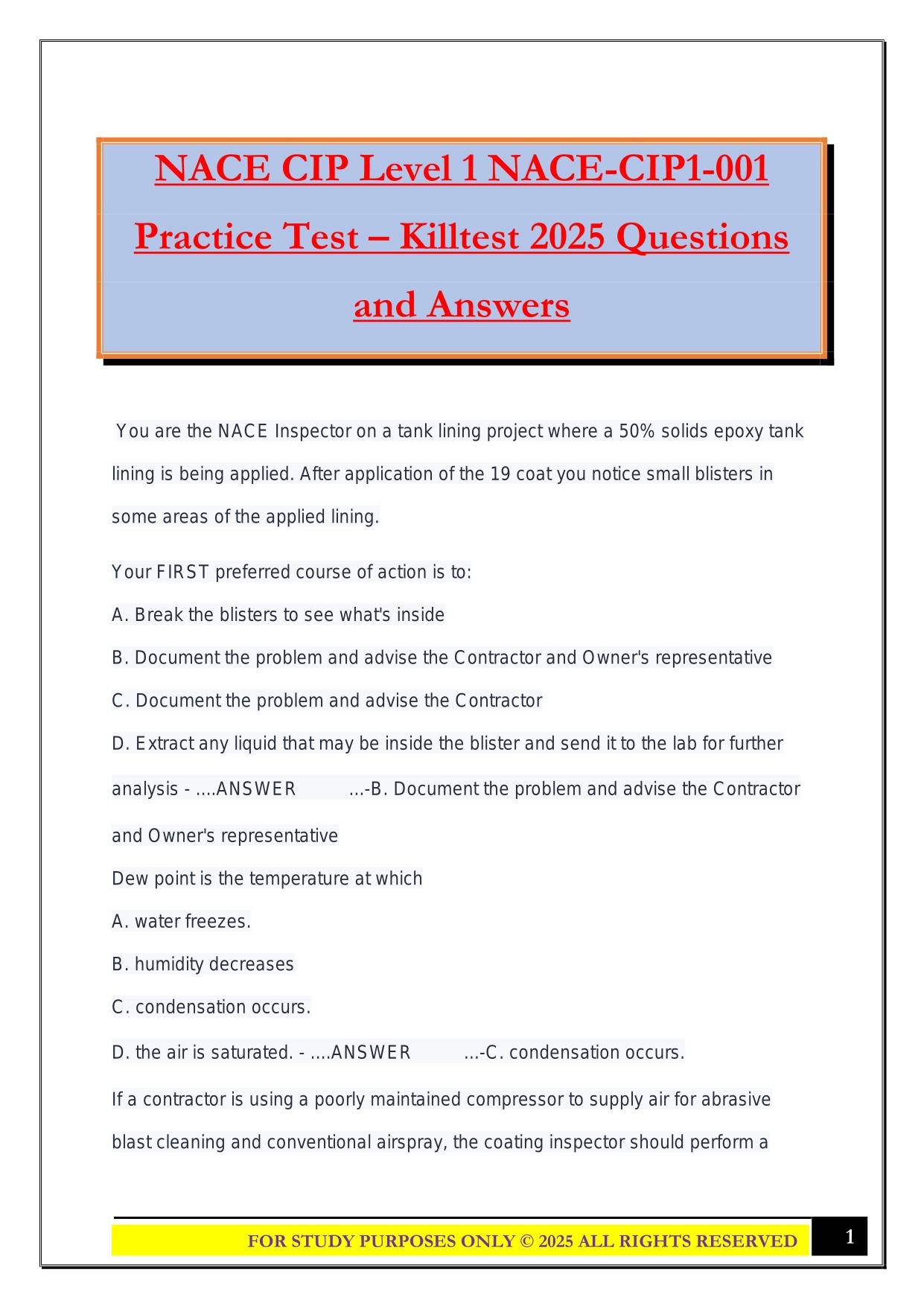 NACE CIP Level 1 NACE-CIP1-001 Practice Test – Killtest 2025 Questions and Answers
