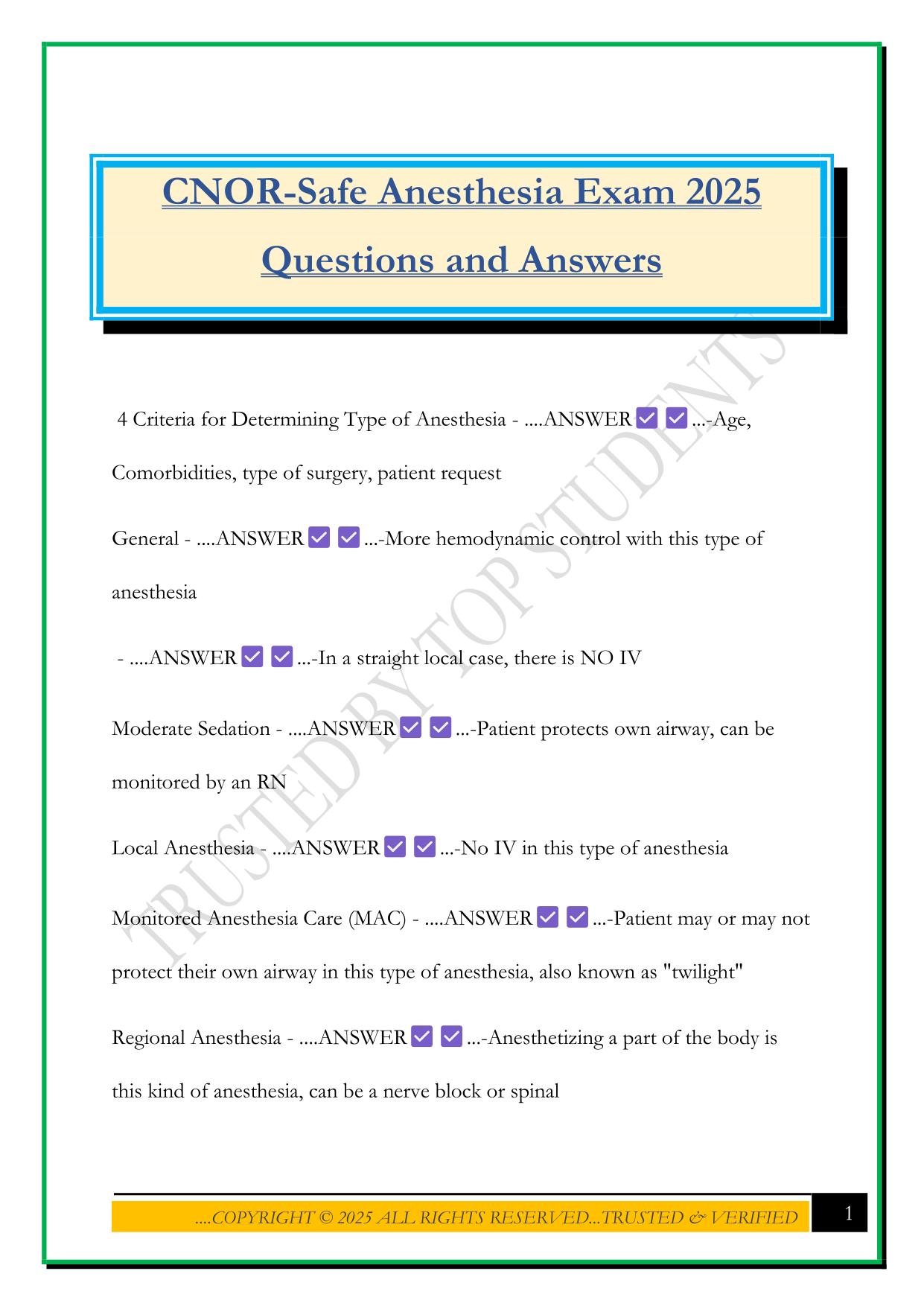 CNOR-Safe Anesthesia Exam 2025 Questions and Answers