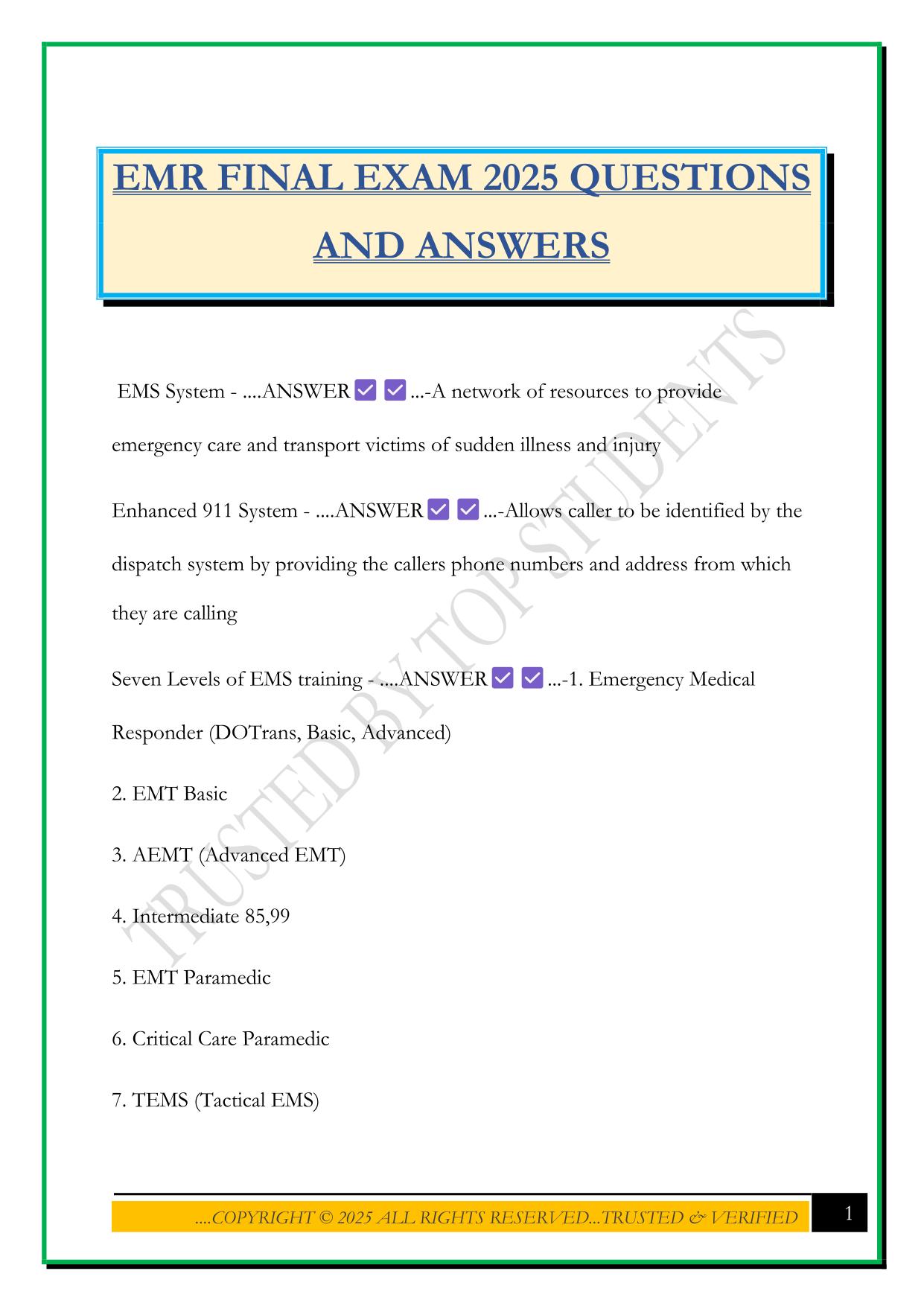 EMR FINAL EXAM 2025 QUESTIONS AND ANSWERS