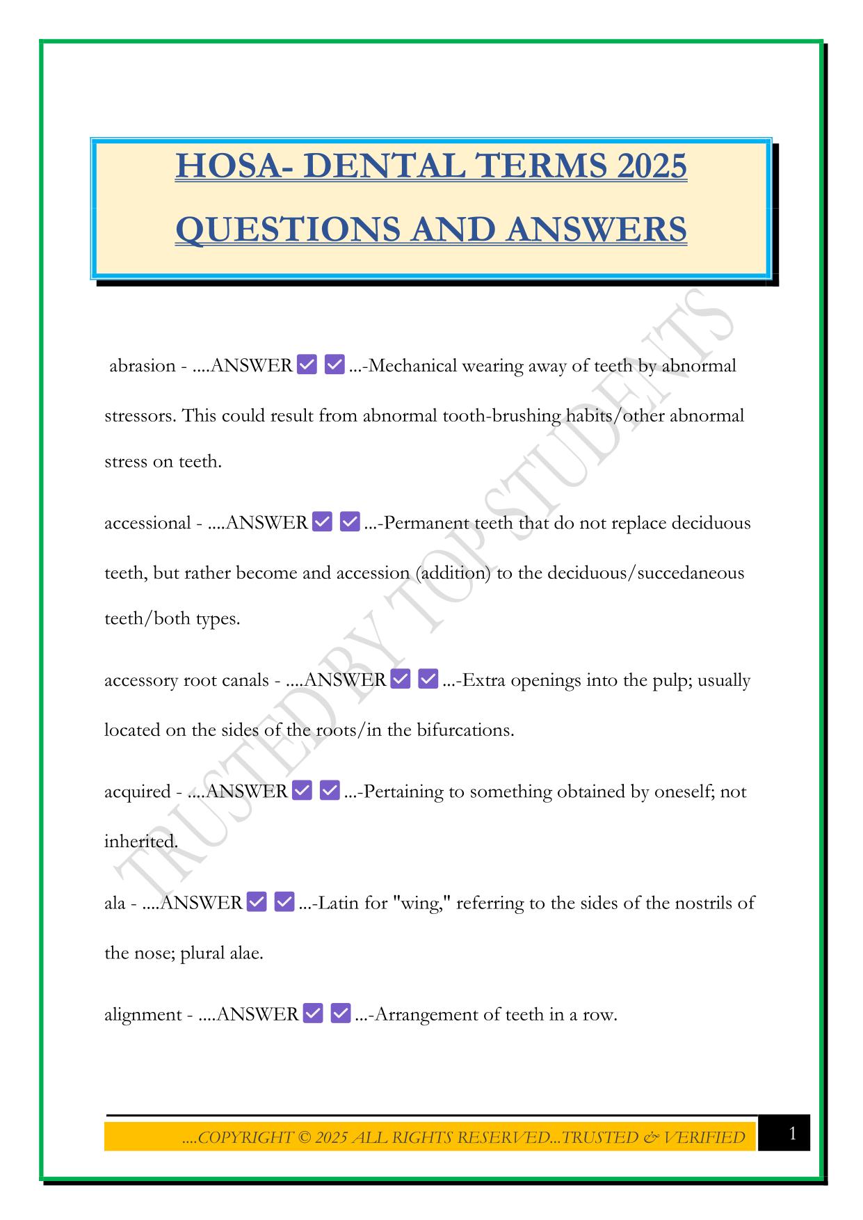 HOSA- DENTAL TERMS 2025 QUESTIONS AND ANSWERS