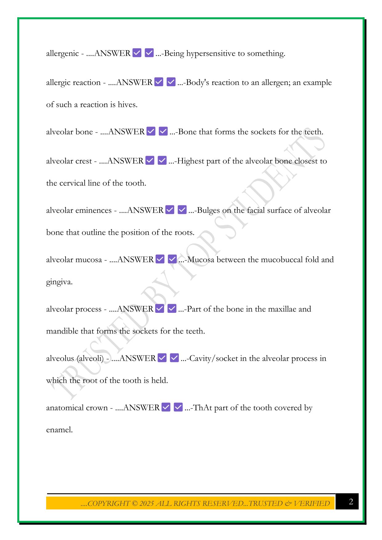 HOSA- DENTAL TERMS 2025 QUESTIONS AND ANSWERS