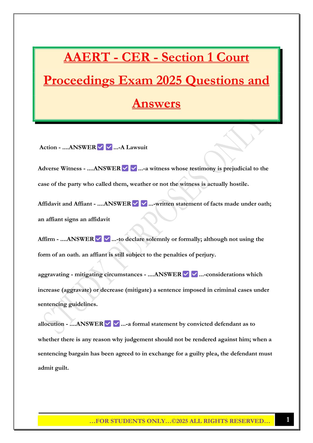 AAERT - CER - Section 1 Court Proceedings Exam 2025 Questions and Answers
