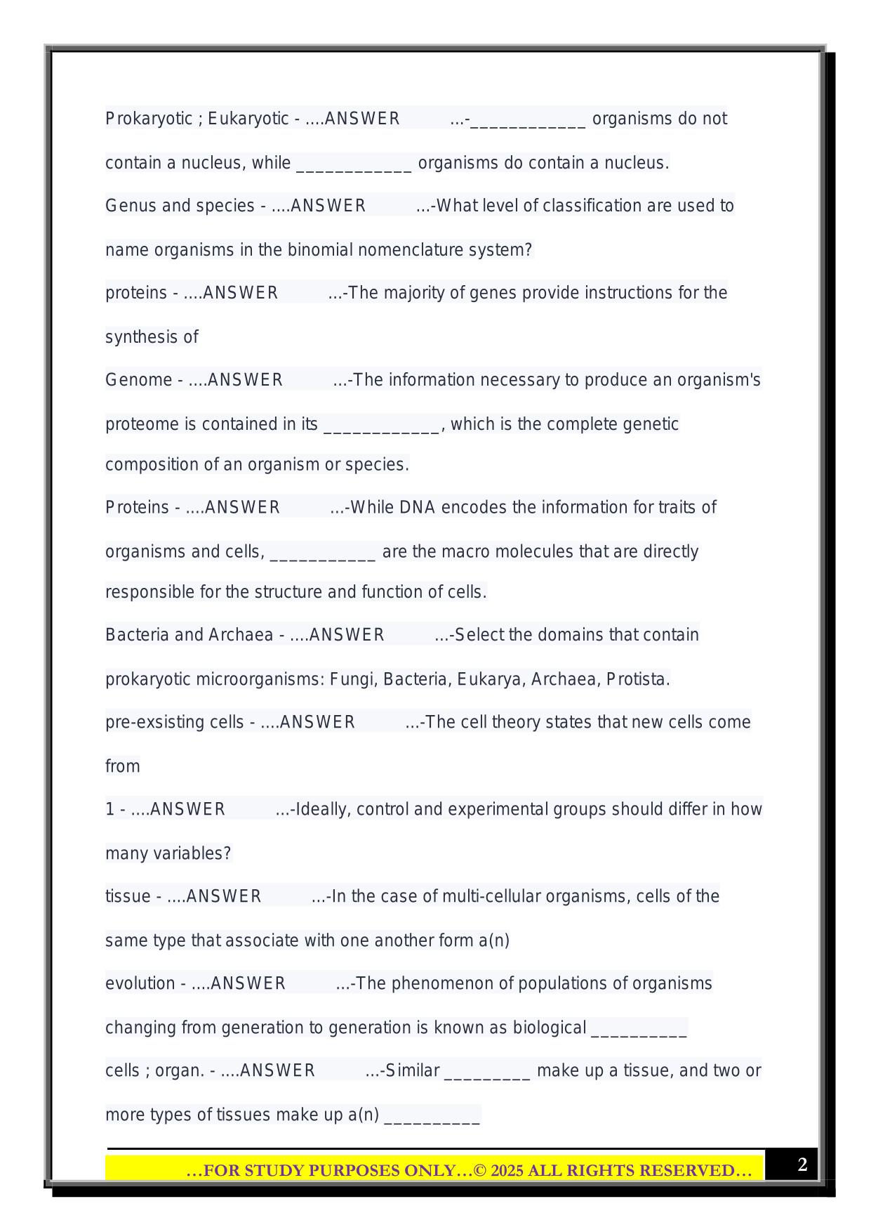 UNCW BIO 201 Exam 1 2025 Questions and Answers