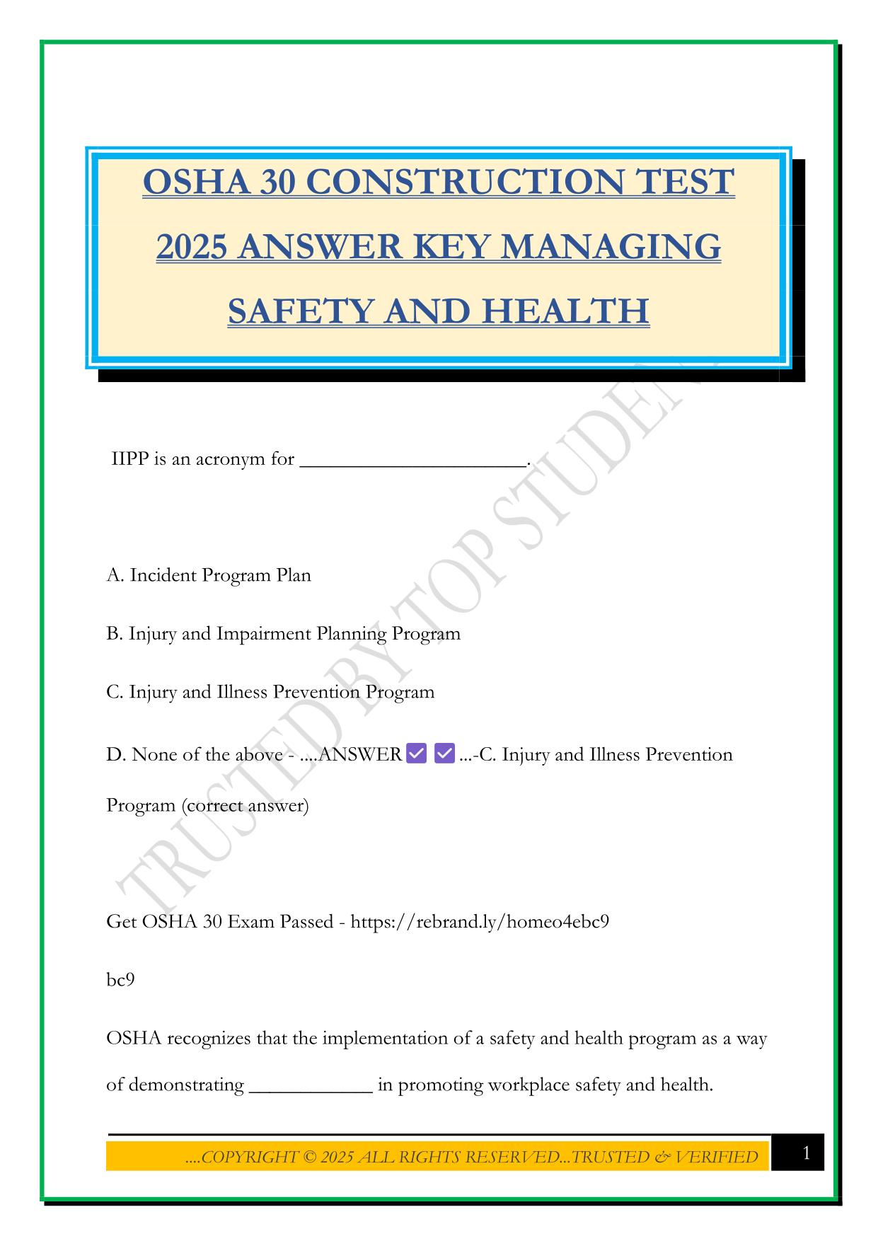 OSHA 30 CONSTRUCTION TEST 2025 ANSWER KEY MANAGING SAFETY AND HEALTH