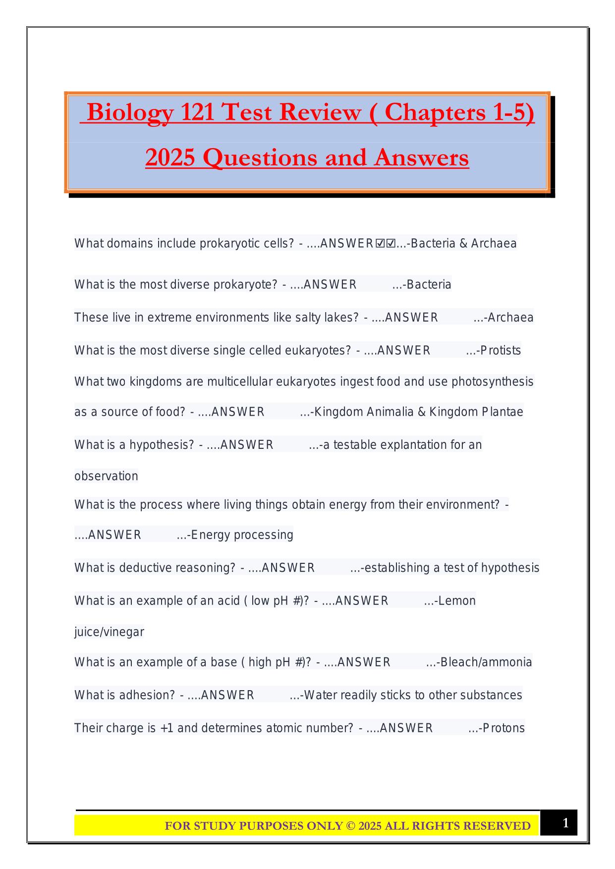 Biology 121 Test Review ( Chapters 1-5) 2025 Questions and Answers