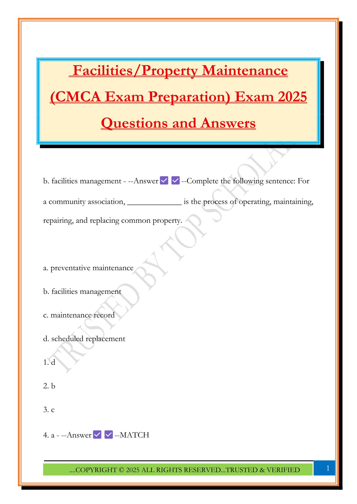 Facilities/Property Maintenance (CMCA Exam Preparation) Exam 2025 Questions and Answers