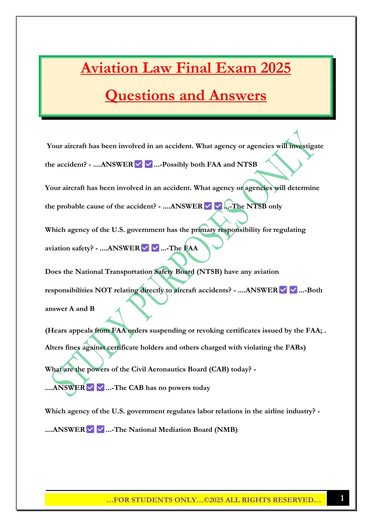 Aviation Law Final Exam 2025 Questions and Answers