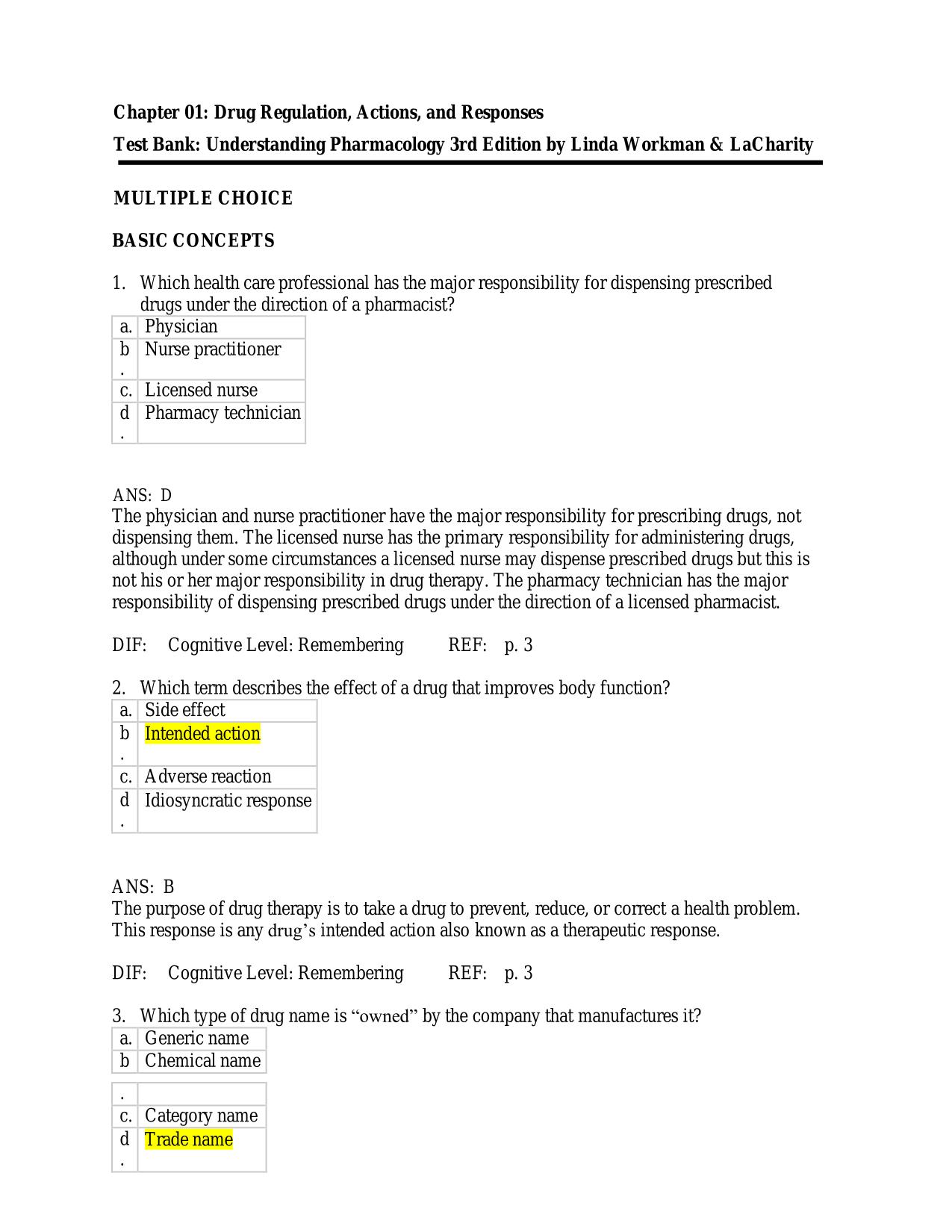 Test Bank for  Understanding Pharmacology 3rd Edition by Linda Workman & LaCharity Exam MCQ WITH Correct Answers |100% Pass