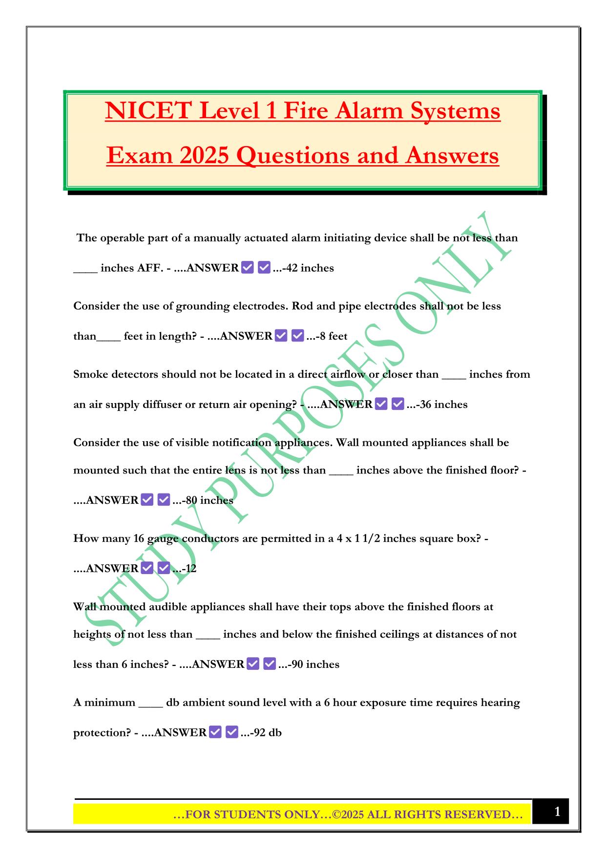 NICET Level 1 Fire Alarm Systems Exam 2025 Questions and Answers