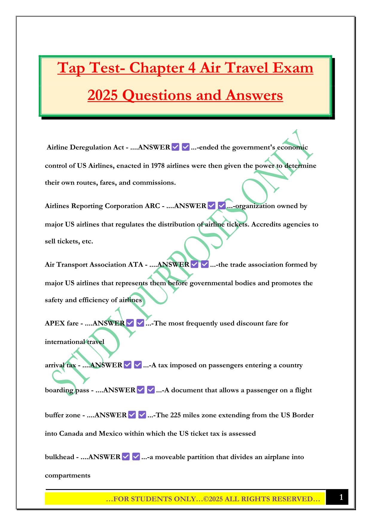 Tap Test- Chapter 4 Air Travel Exam 2025 Questions and Answers