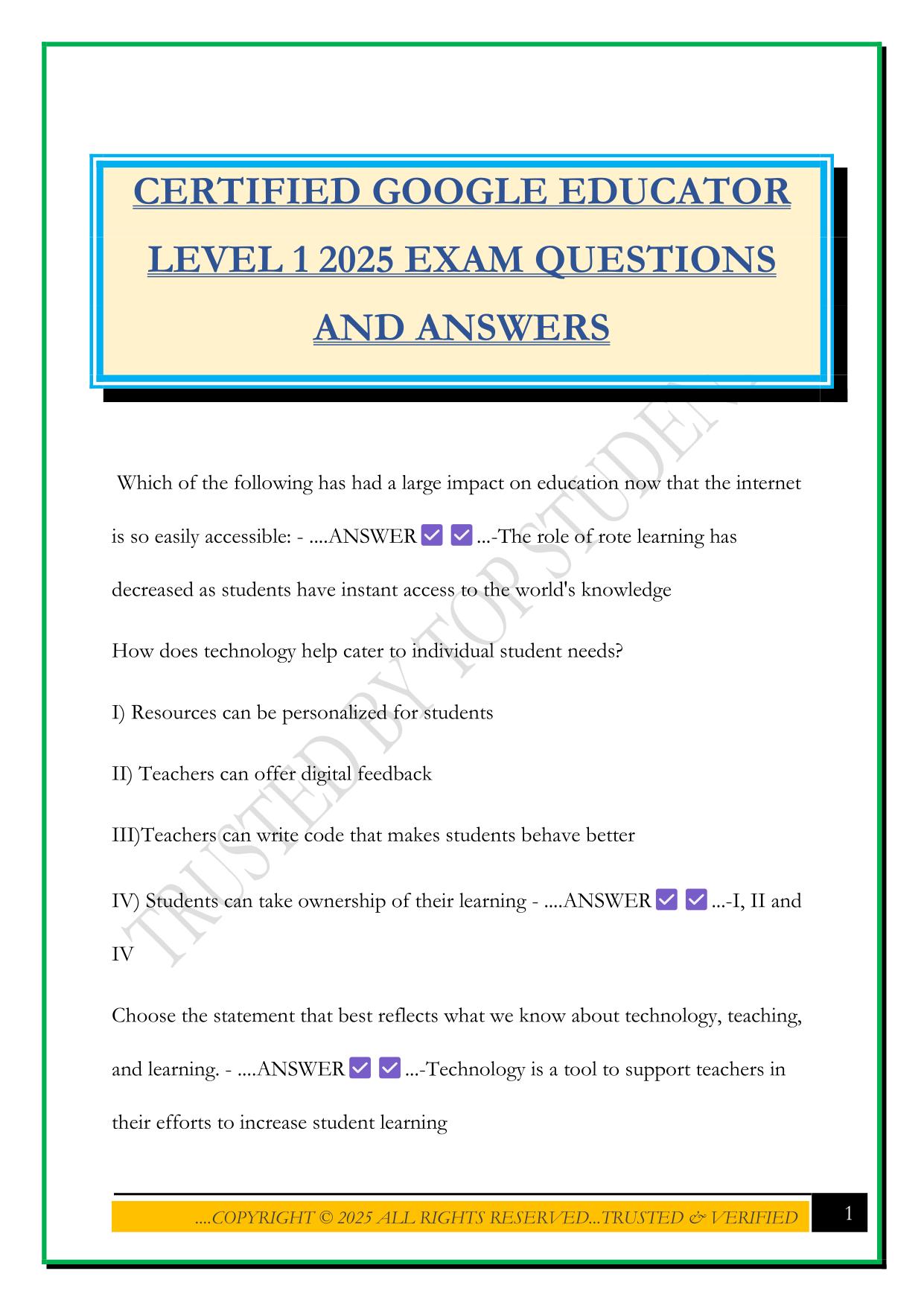 CERTIFIED GOOGLE EDUCATOR LEVEL 1 2025 EXAM QUESTIONS AND ANSWERS