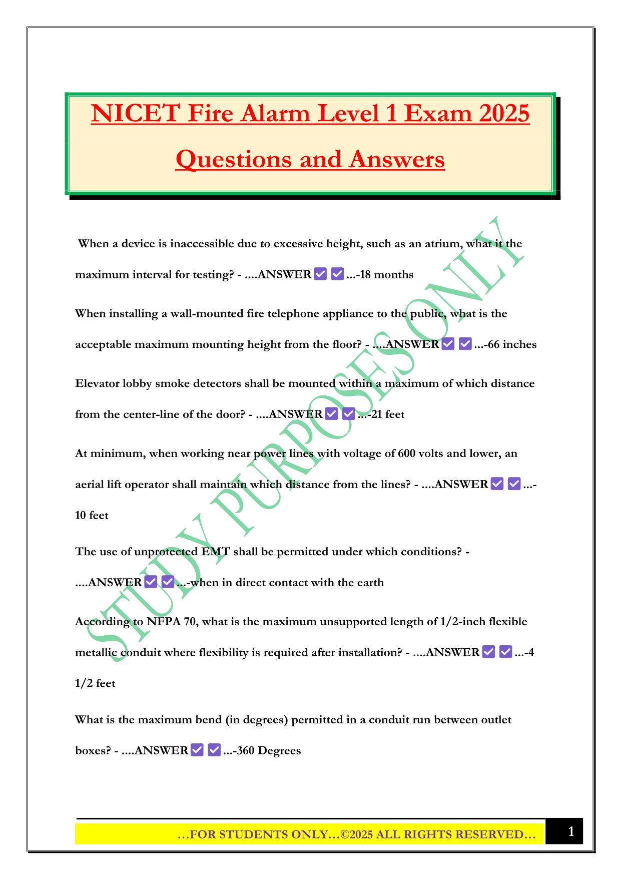 NICET Fire Alarm Level 1 Exam 2025 Questions and Answers