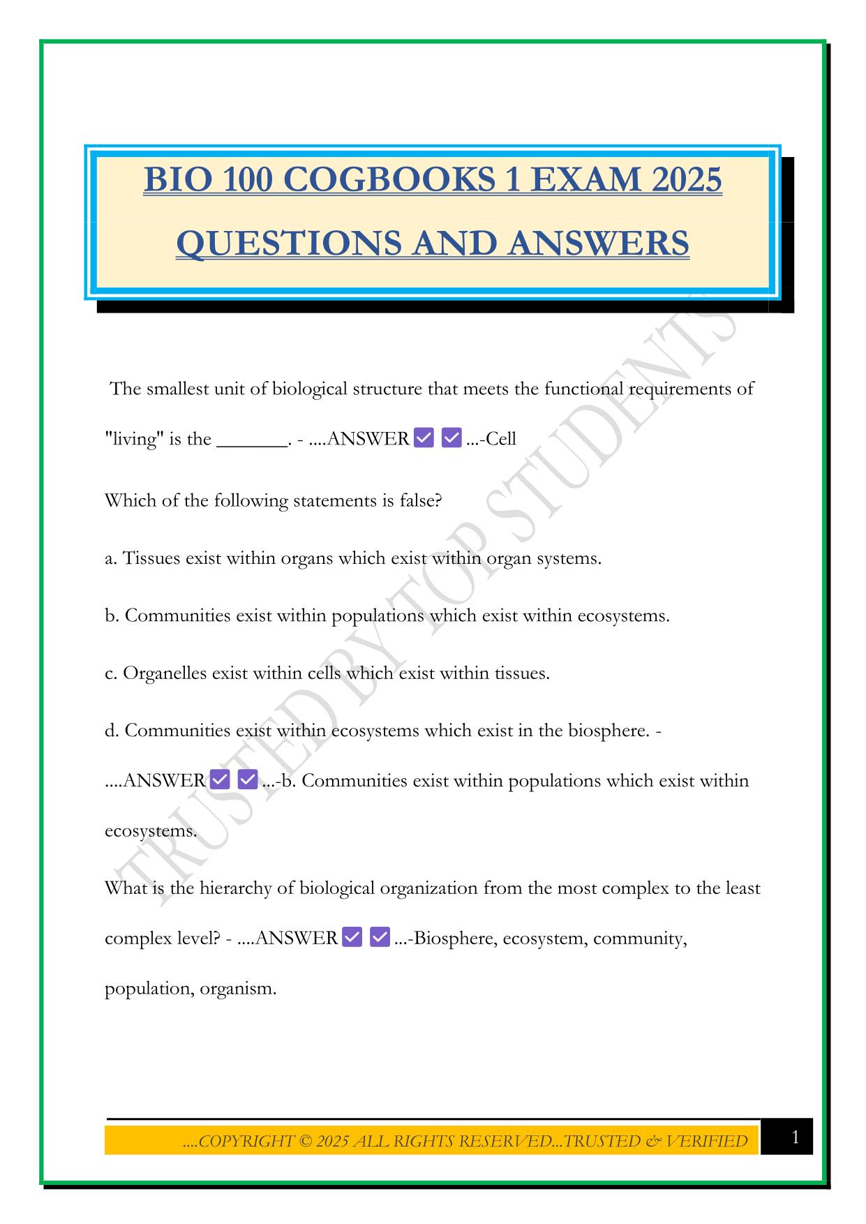 BIO 100 COGBOOKS 1 EXAM 2025 QUESTIONS AND ANSWERS