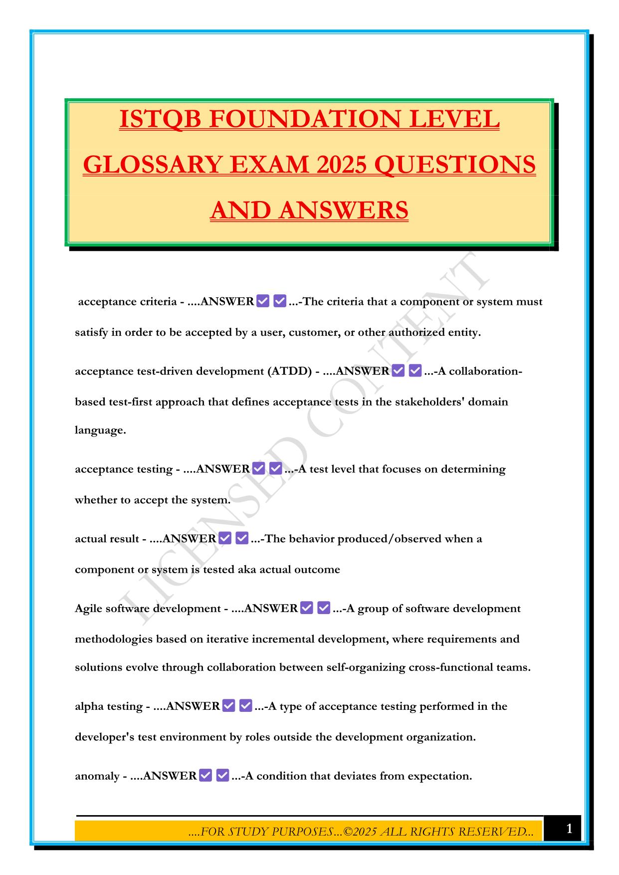 ISTQB FOUNDATION LEVEL GLOSSARY EXAM 2025 QUESTIONS AND ANSWERS