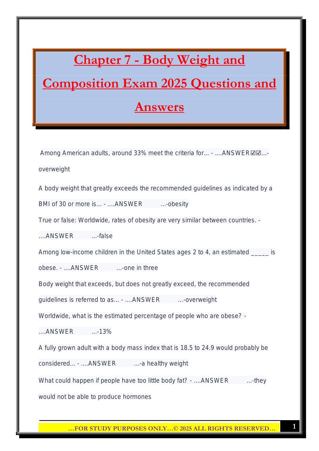 Chapter 7 - Body Weight and Composition Exam 2025 Questions and Answers