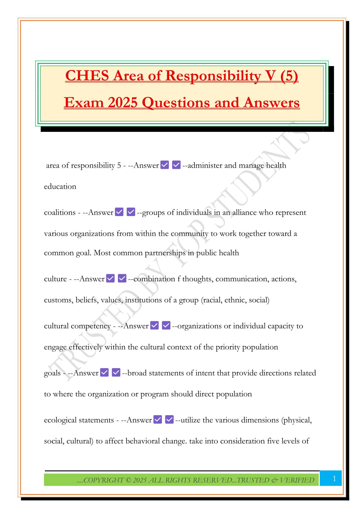 CHES Area of Responsibility V (5) Exam 2025 Questions and Answers