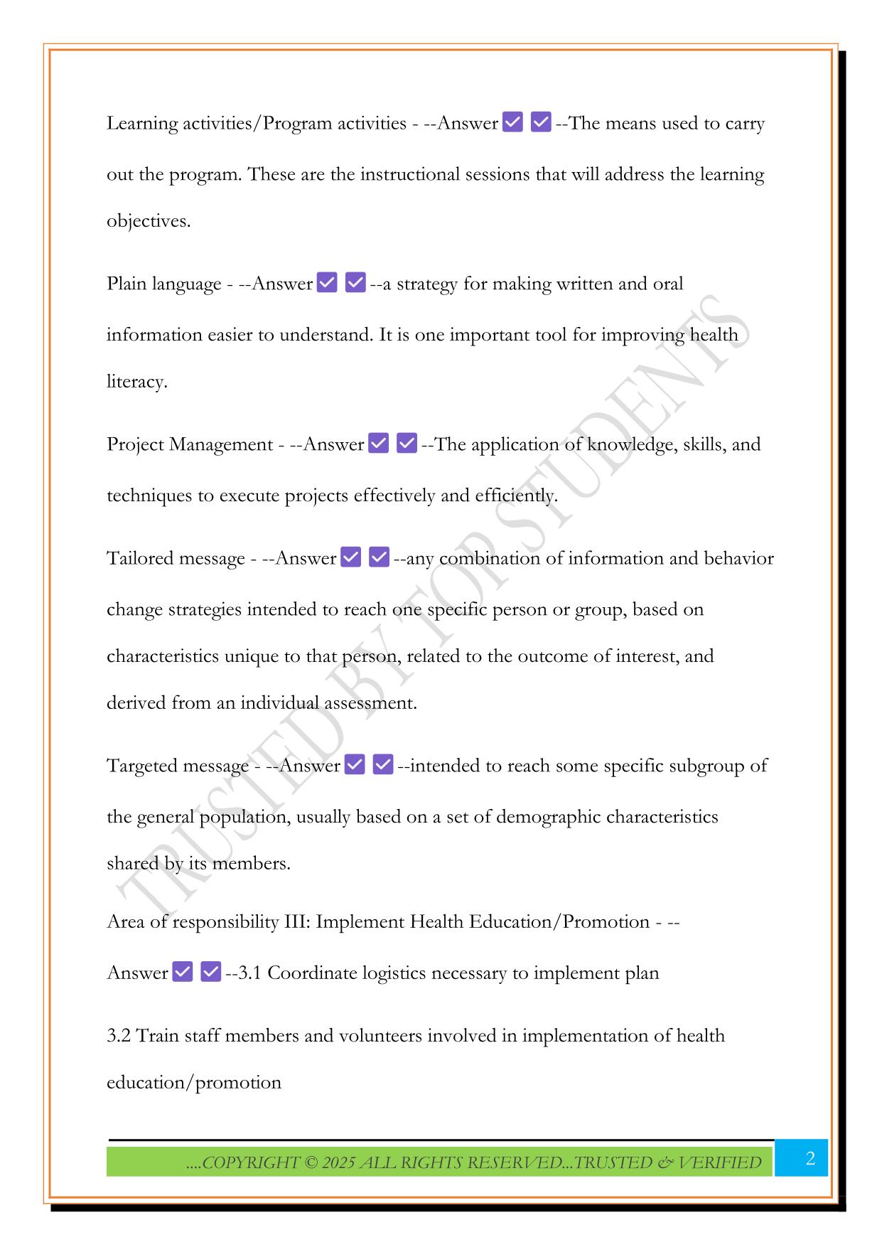 CHES Area of Responsibility III Implement Health Education/Promotion Exam 2025 Questions and Answers