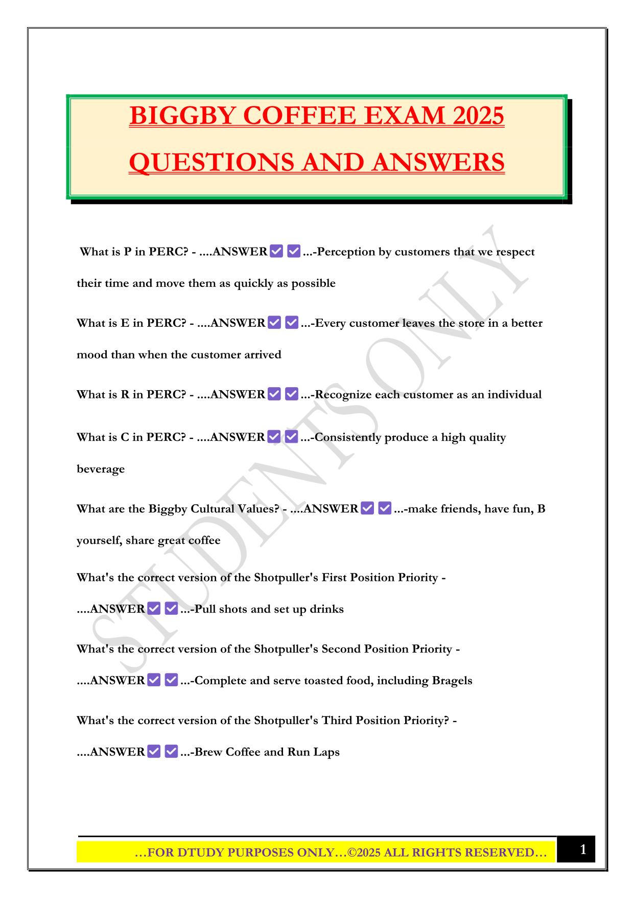BIGGBY COFFEE EXAM 2025 QUESTIONS AND ANSWERS