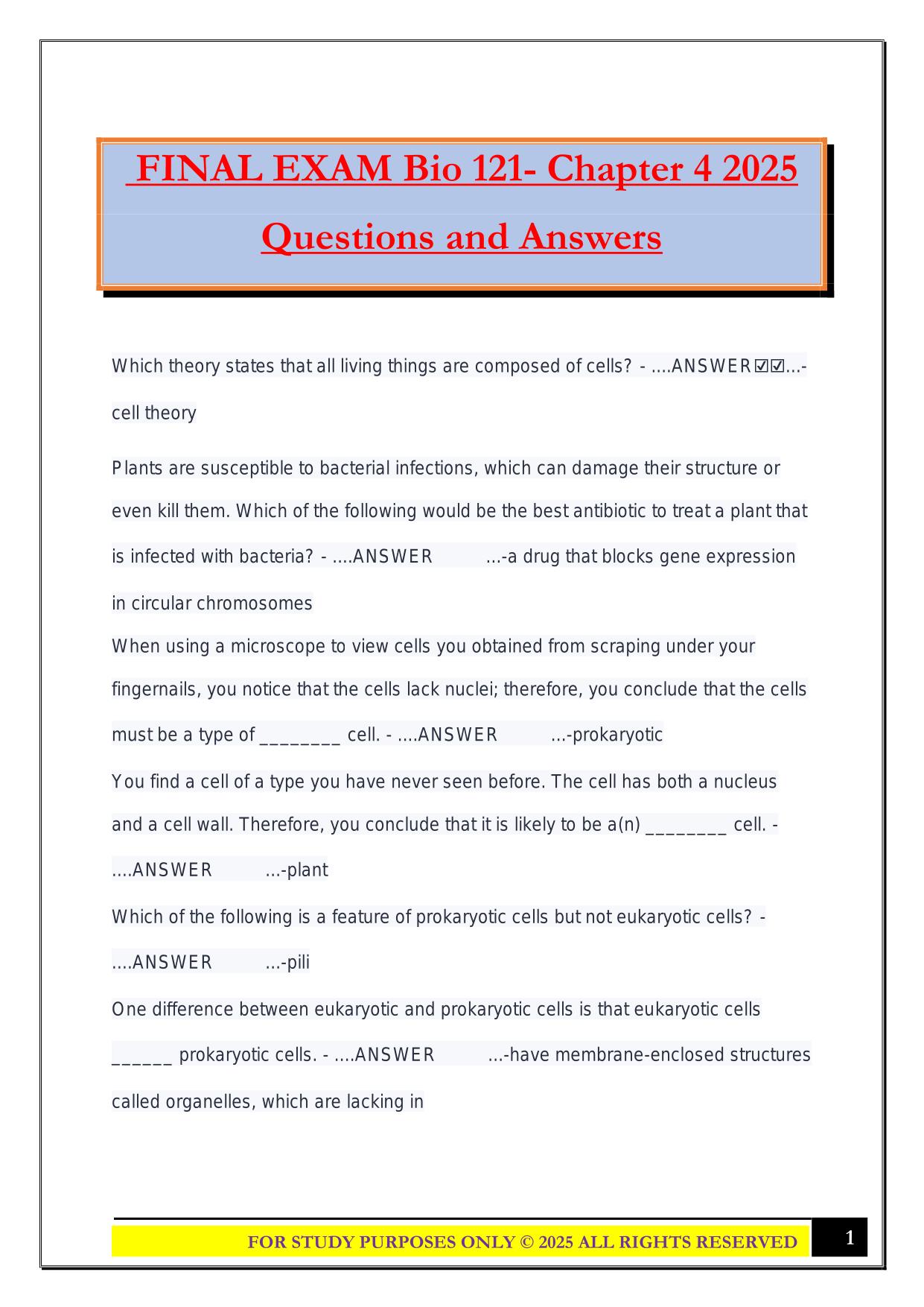 FINAL EXAM Bio 121- Chapter 4 2025 Questions and Answers