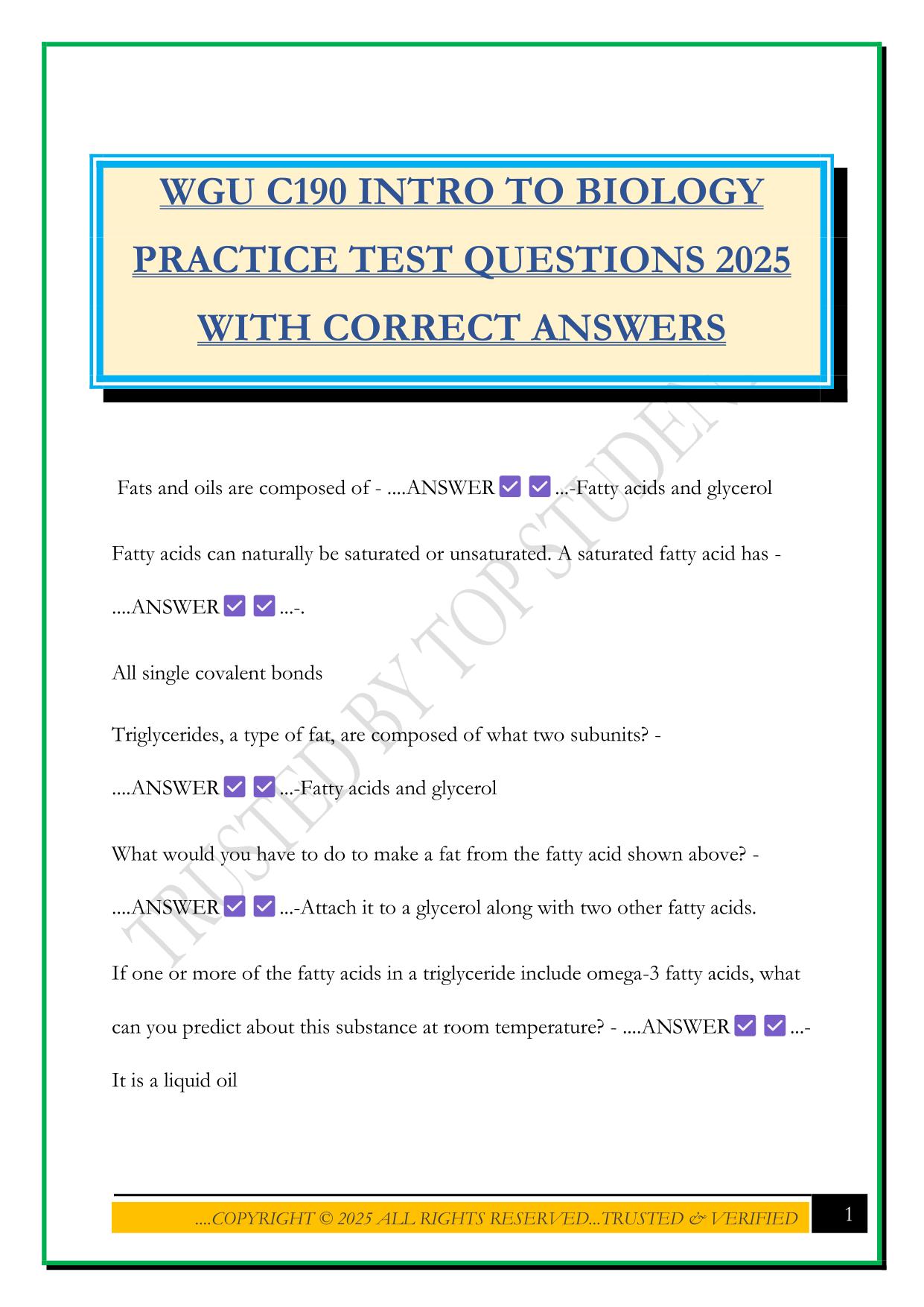 WGU C190 INTRO TO BIOLOGY PRACTICE TEST QUESTIONS 2025 WITH CORRECT ANSWERS