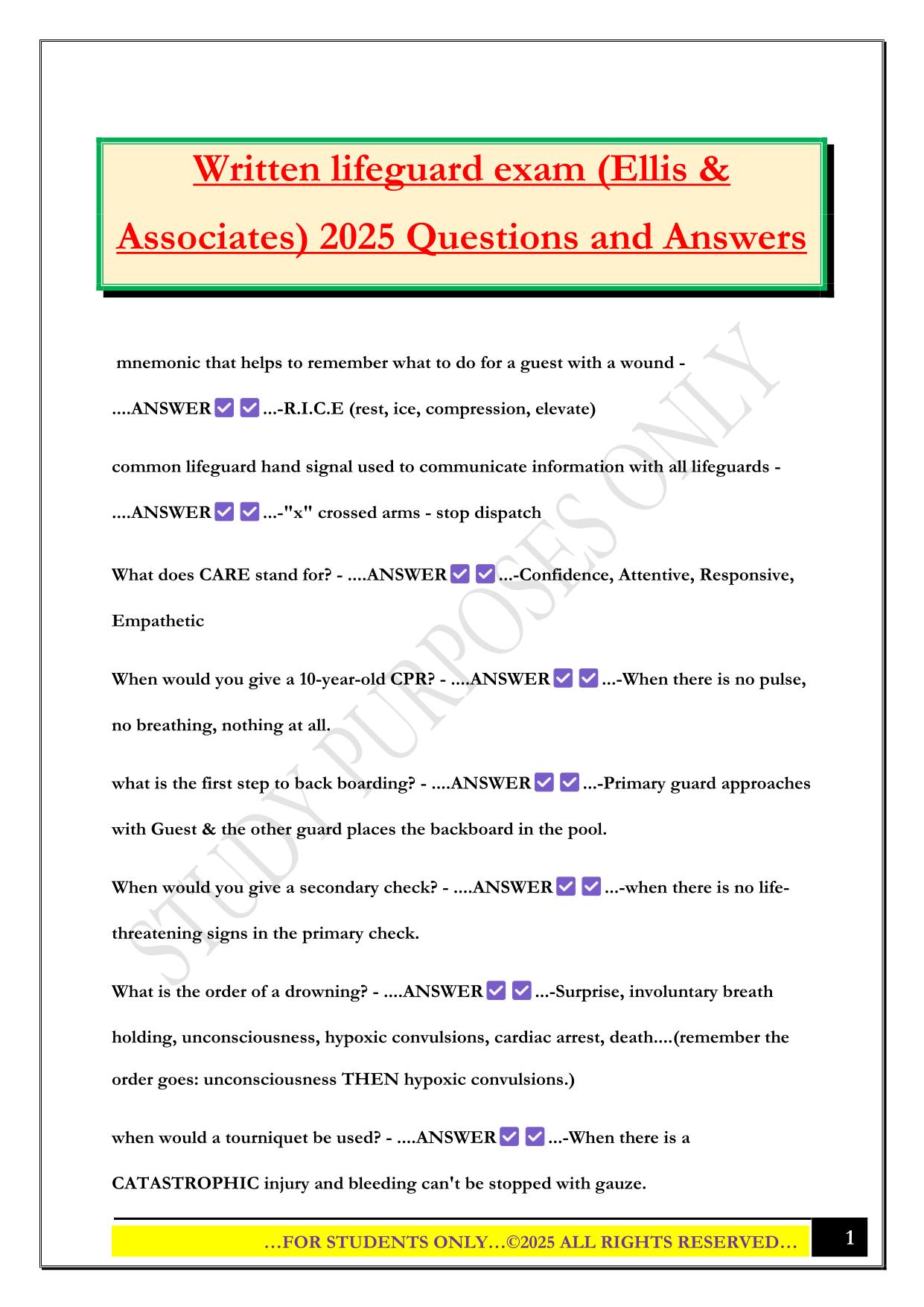 Written lifeguard exam (Ellis & Associates) 2025 Questions and Answers