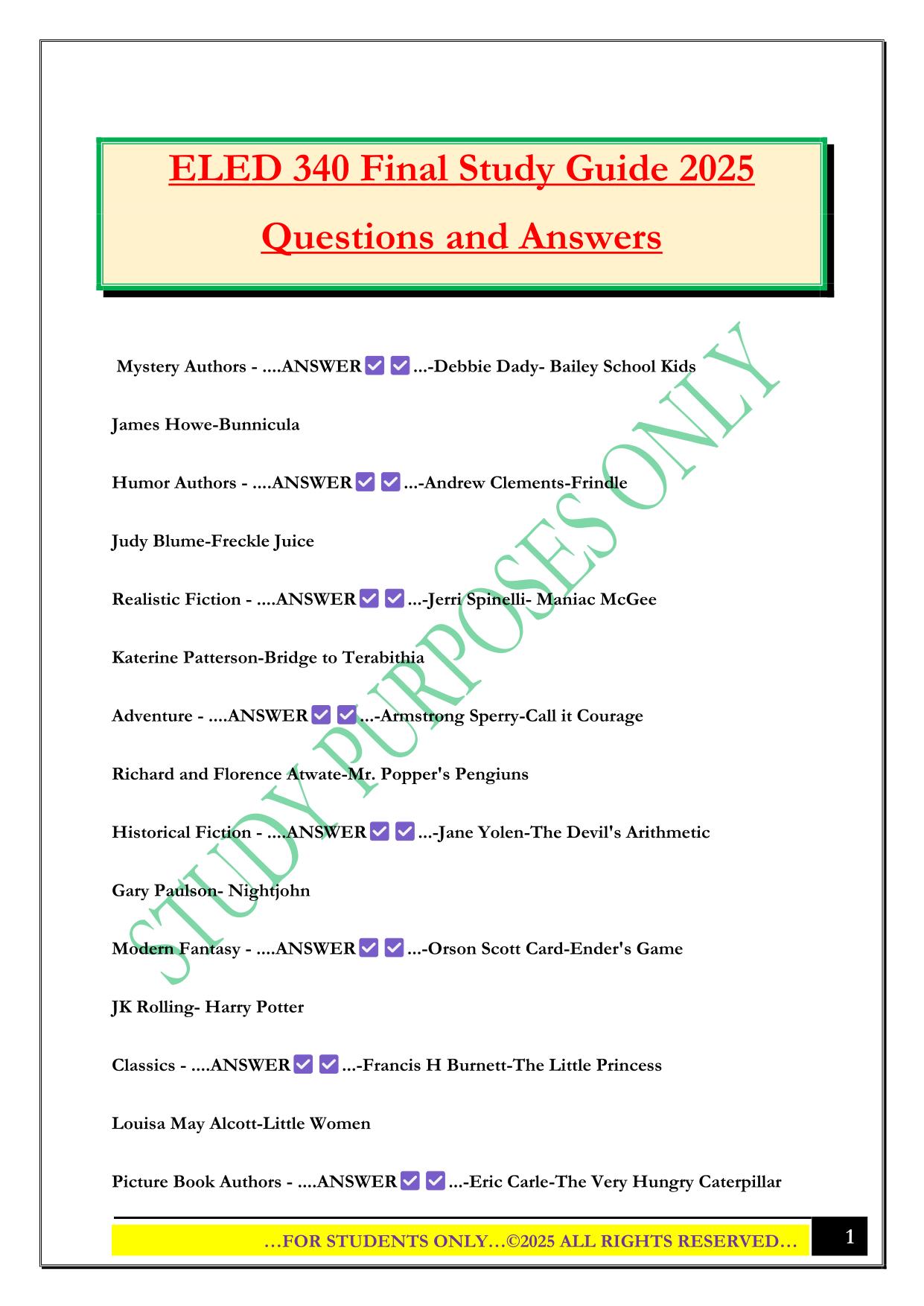 ELED 340 Final Study Guide 2025 Questions and Answers