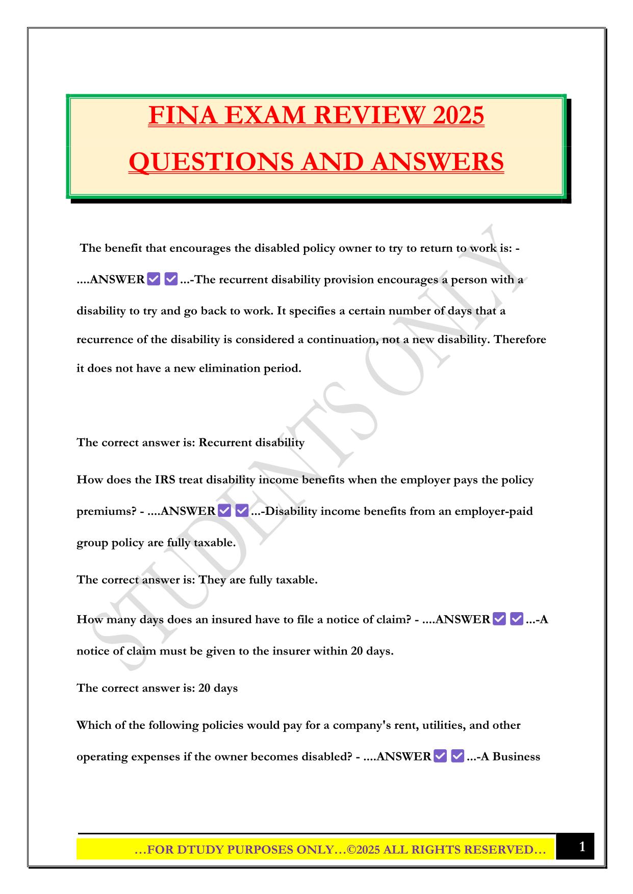 FINA EXAM 2025 QUESTIONS AND ANSWERS