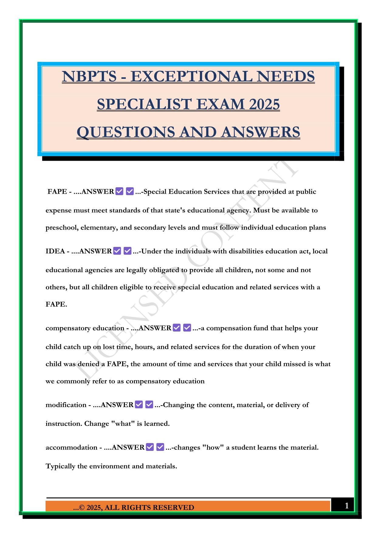 NBPTS - EXCEPTIONAL NEEDS SPECIALIST EXAM 2025 QUESTIONS AND ANSWERS