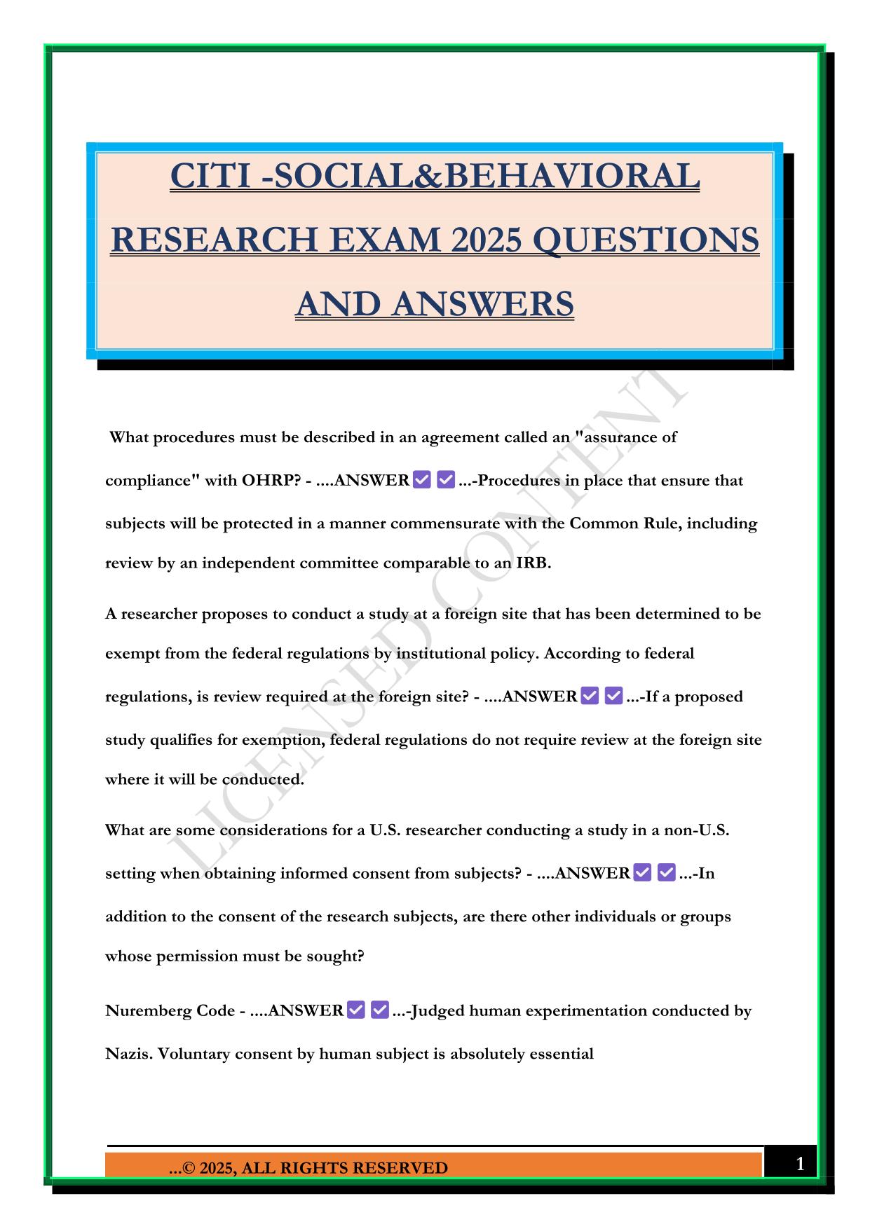 CITI -SOCIAL&BEHAVIORAL RESEARCH EXAM 2025 QUESTIONS AND ANSWERS
