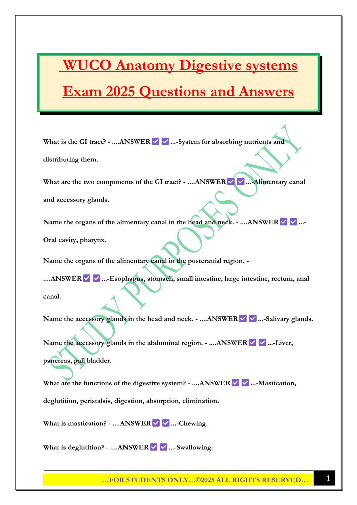 WUCO Anatomy Digestive systems Exam 2025 Questions and Answers