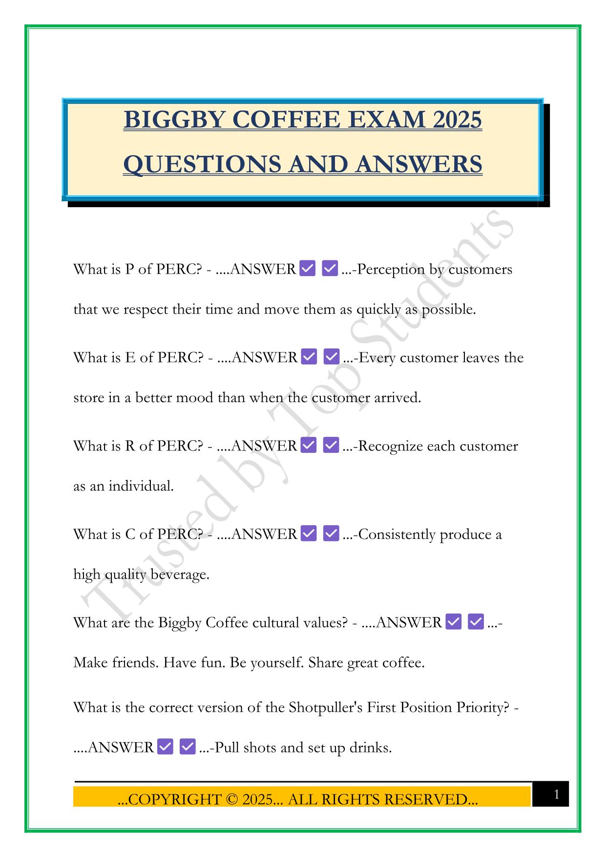 BIGGBY COFFEE EXAM 2025 QUESTIONS AND ANSWERS