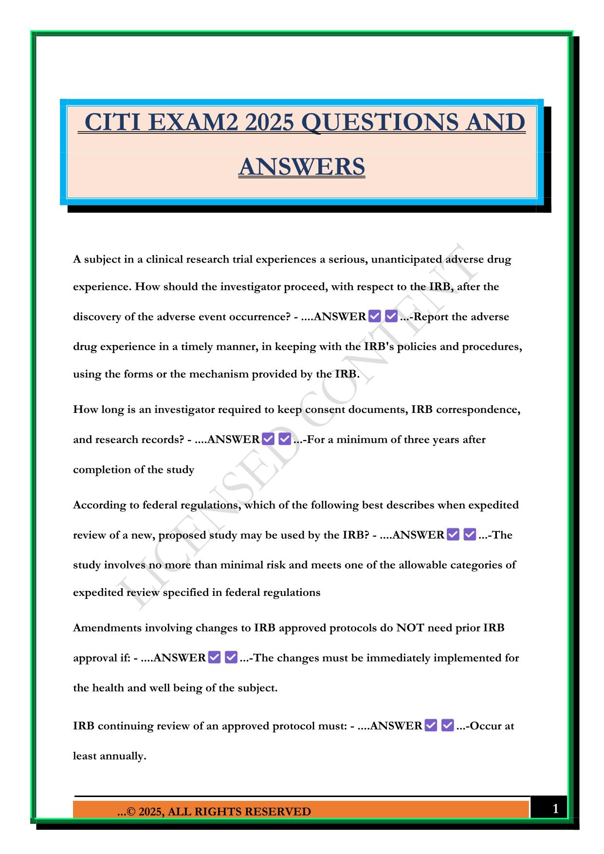 CITI EXAM2 2025 QUESTIONS AND ANSWERS