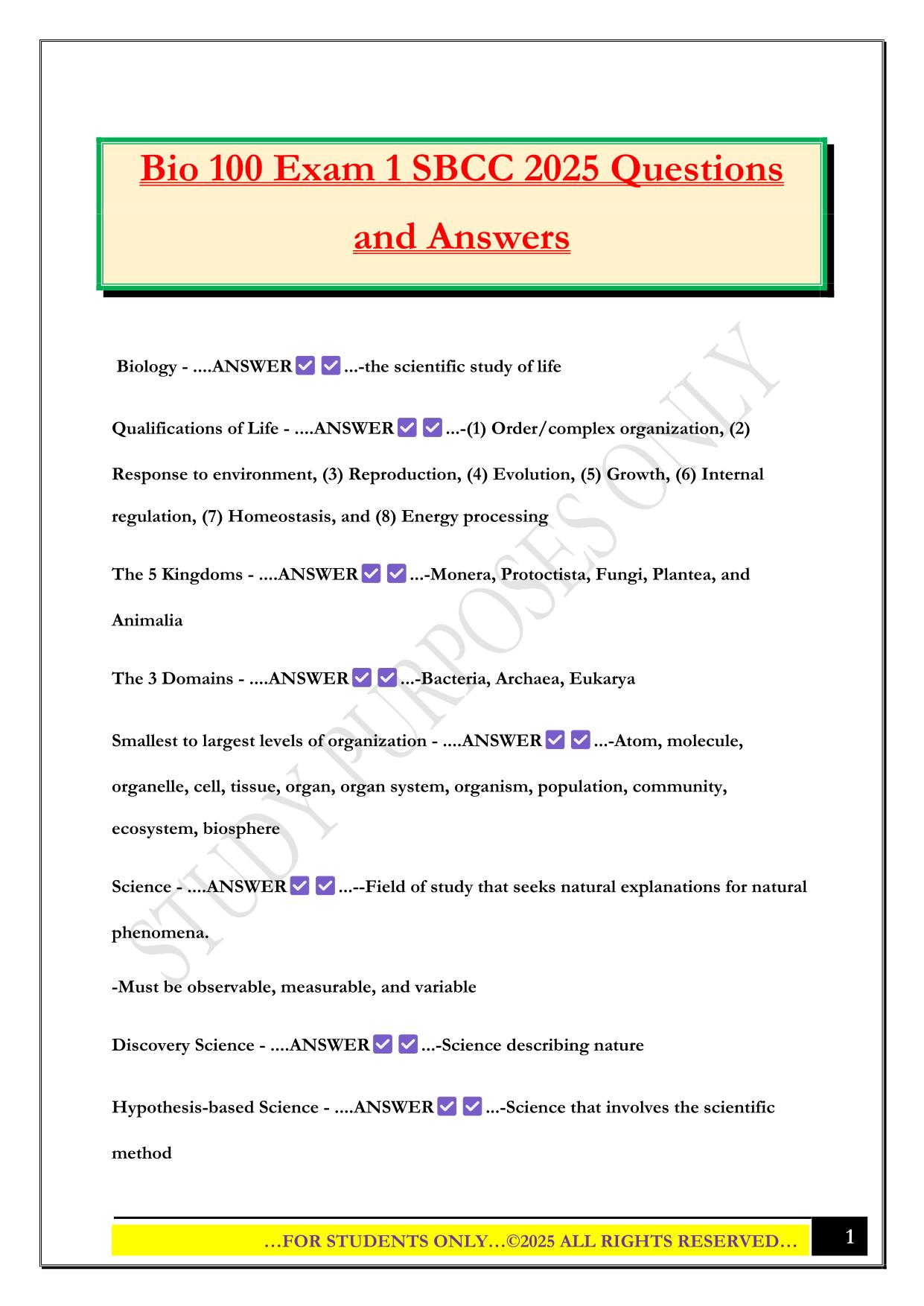 Bio 100 Exam 1 SBCC 2025 Questions and Answers