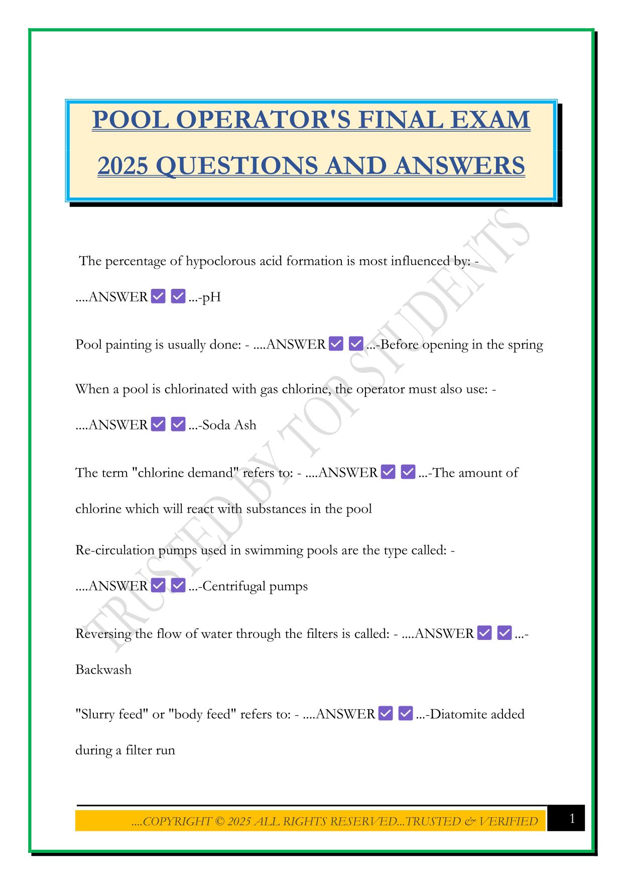 POOL OPERATOR'S FINAL EXAM 2025 QUESTIONS AND ANSWERS