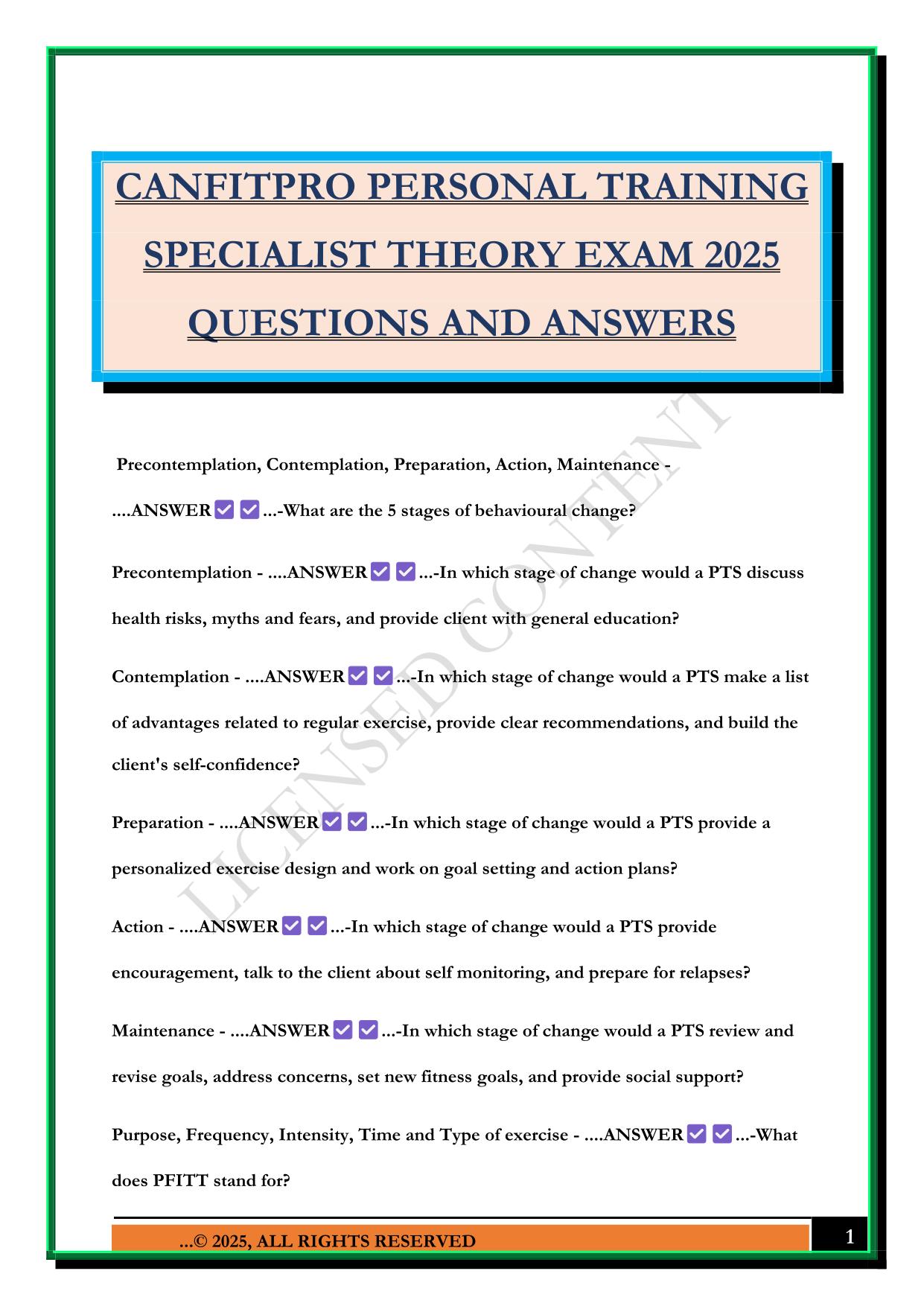 CANFITPRO PERSONAL TRAINING SPECIALIST THEORY EXAM 2025 QUESTIONS AND ANSWERS