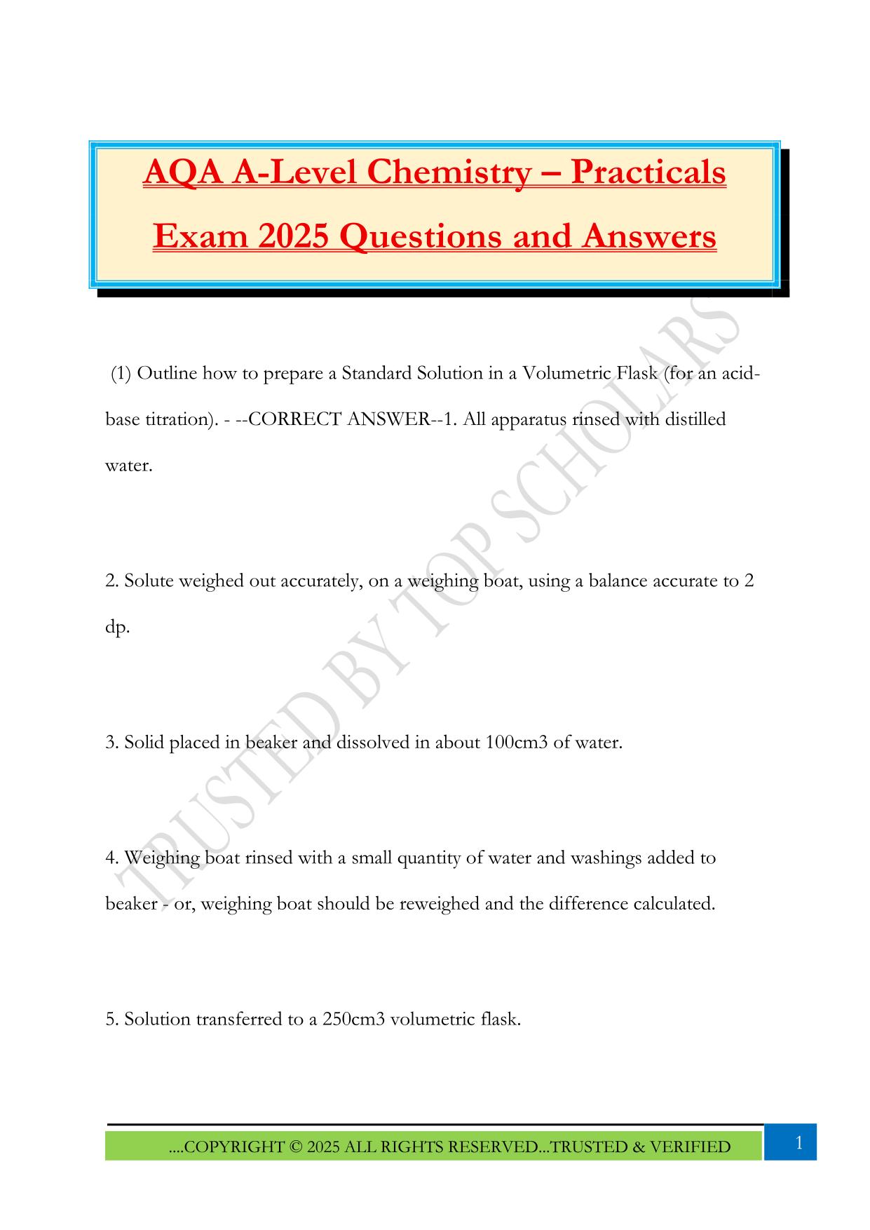 AQA A-Level Chemistry – Practicals Exam 2025 Questions and Answers