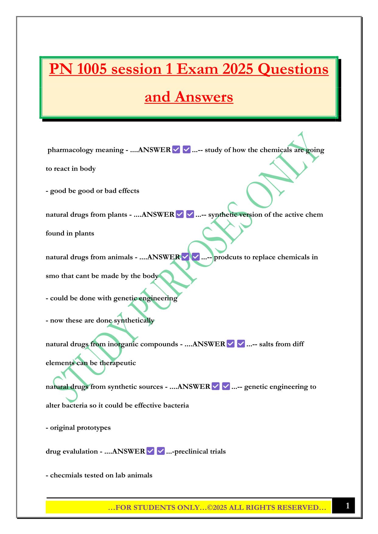 PN 1005 session 1 Exam 2025 Questions and Answers