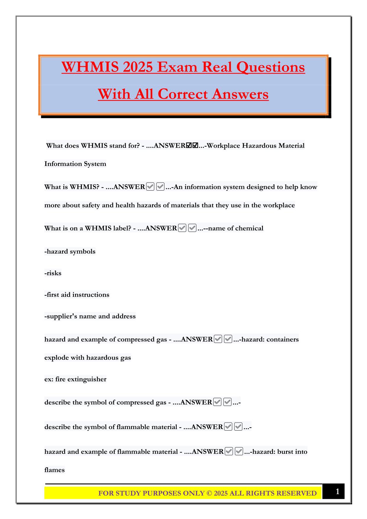 WHMIS 2025 Exam Real Questions With All Correct Answers