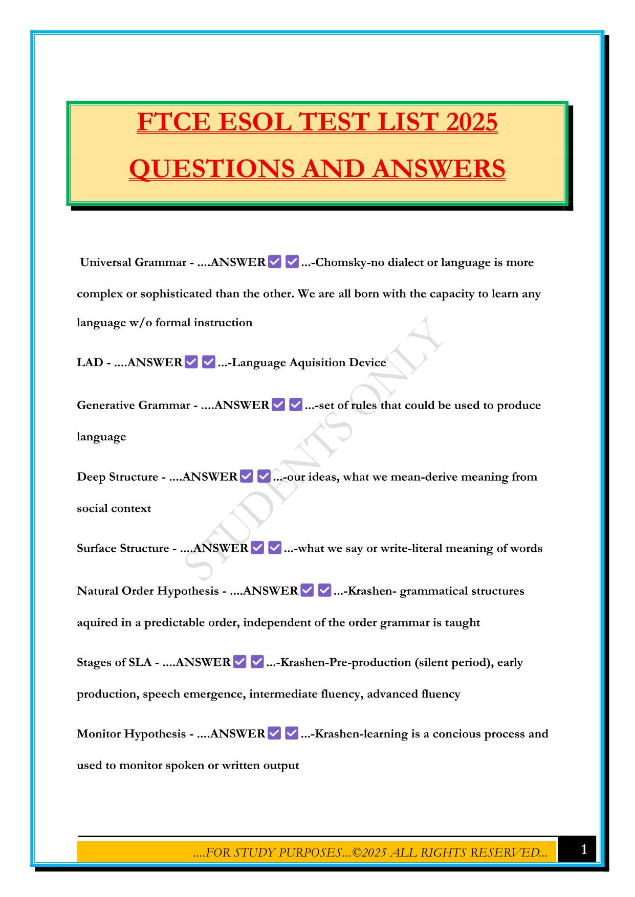FTCE ESOL TEST LIST 2025 QUESTIONS AND ANSWERS