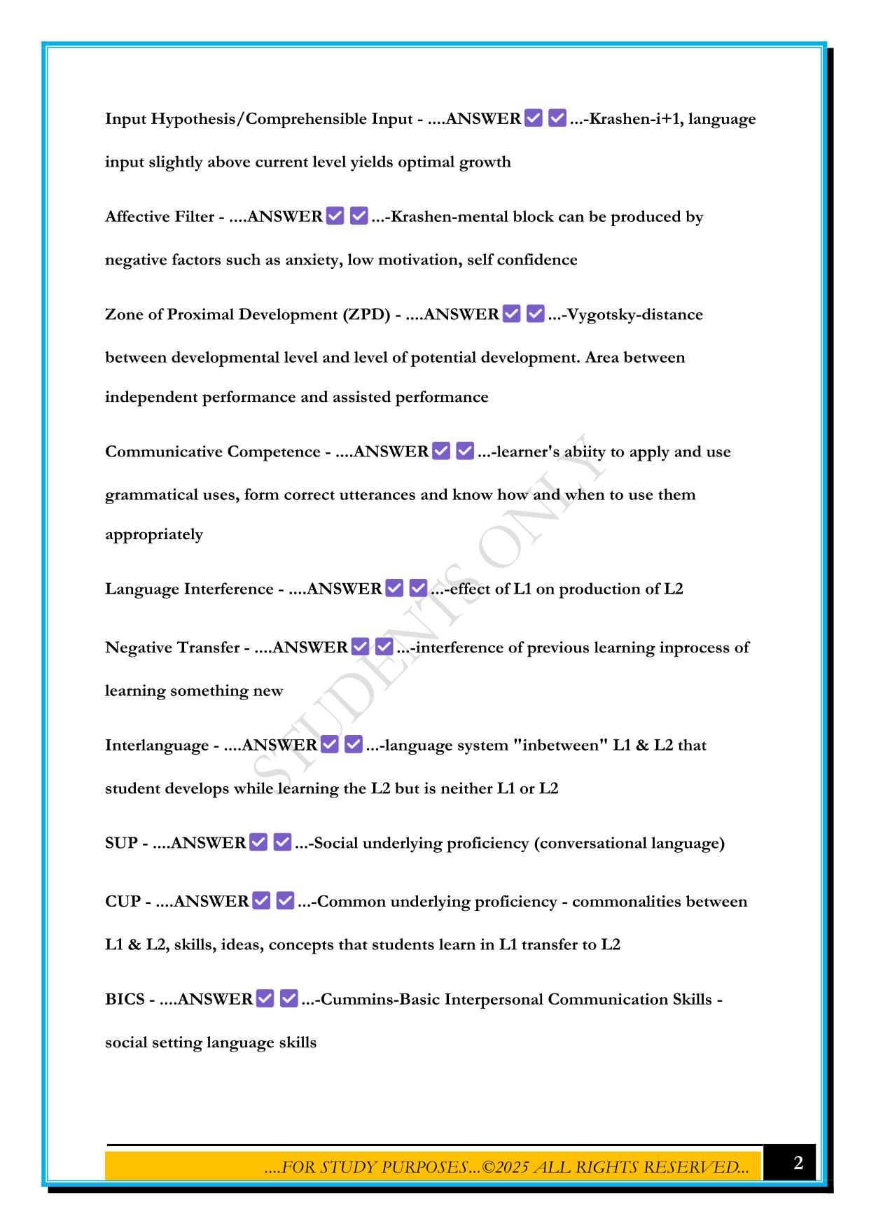 FTCE ESOL TEST LIST 2025 QUESTIONS AND ANSWERS