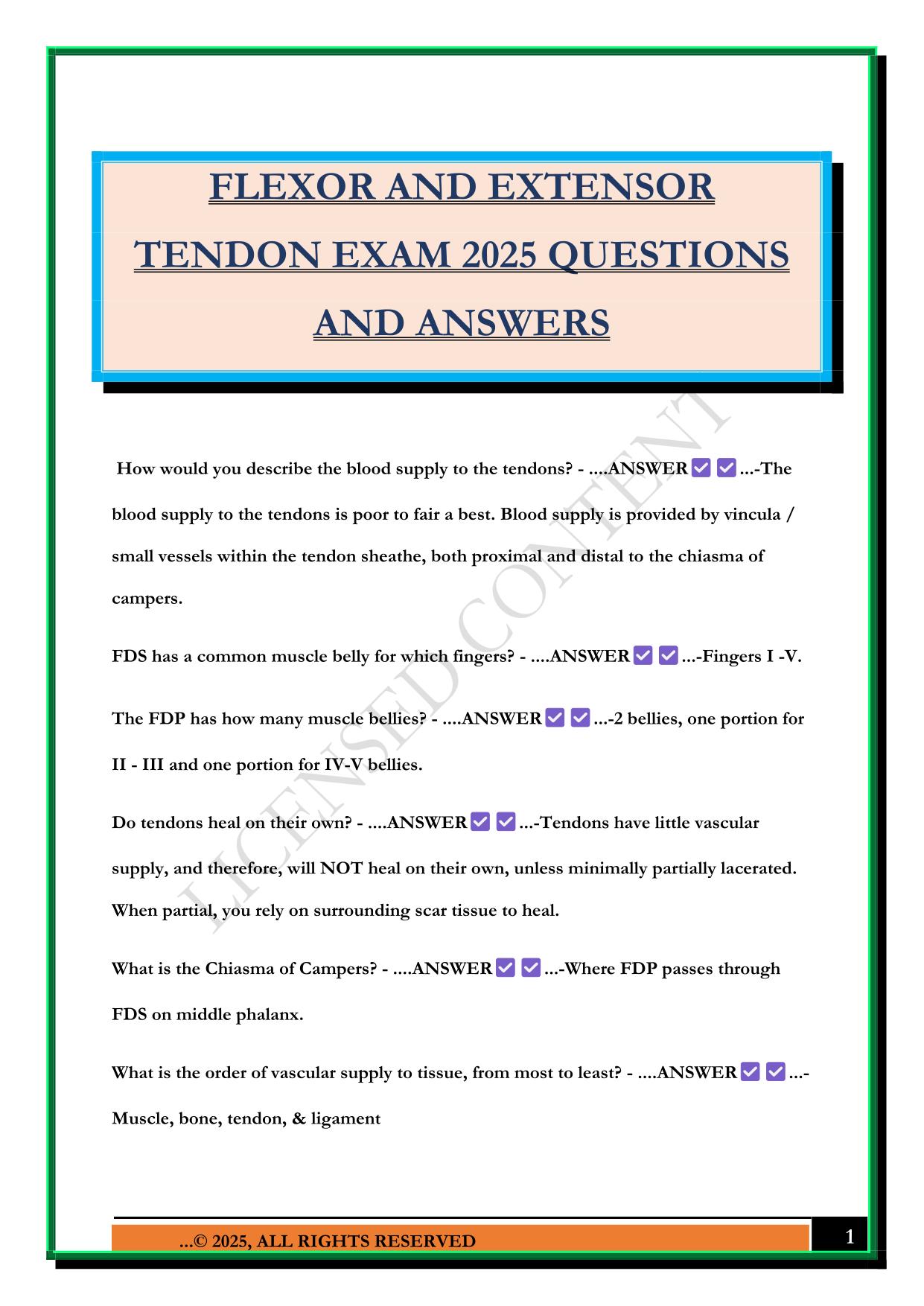 FLEXOR AND EXTENSOR TENDON EXAM 2025 QUESTIONS AND ANSWERS