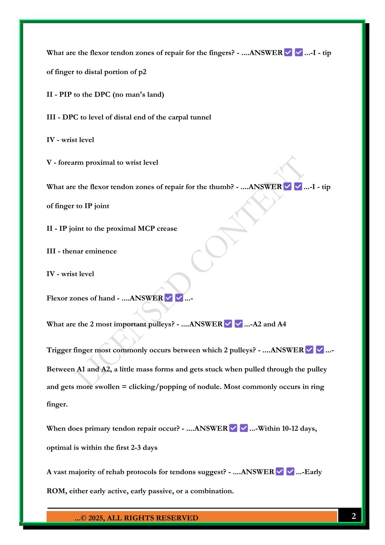 FLEXOR AND EXTENSOR TENDON EXAM 2025 QUESTIONS AND ANSWERS