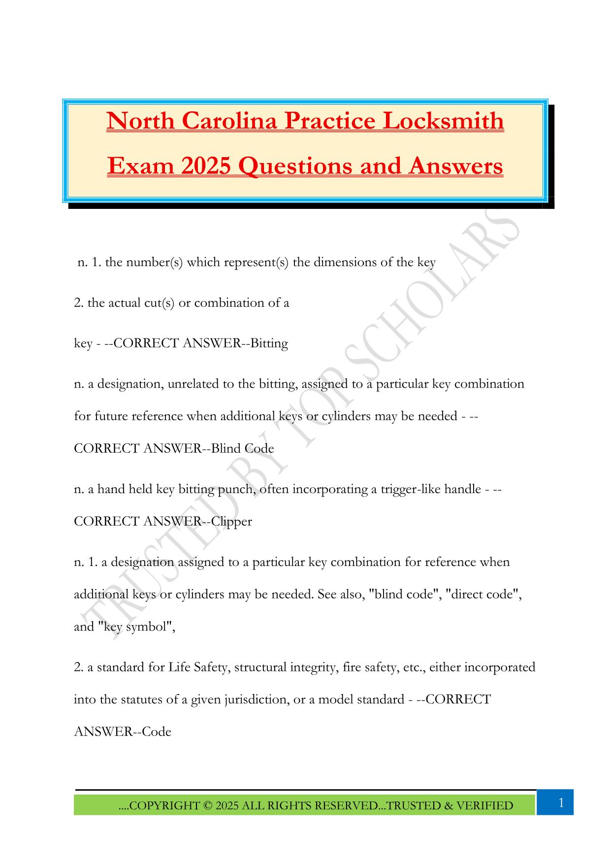 North Carolina Practice Locksmith Exam 2025 Questions and Answers