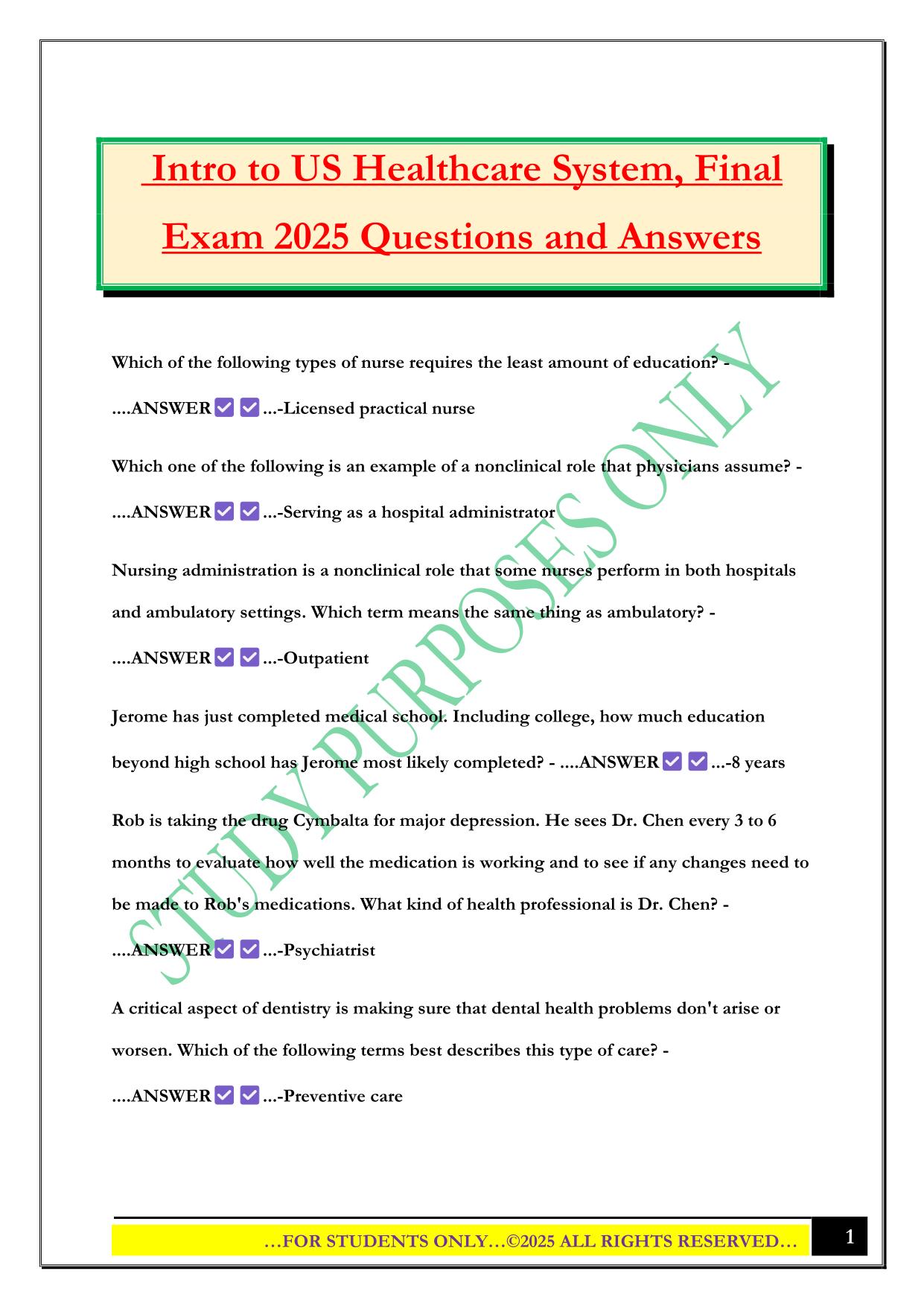 Intro to US Healthcare System, Final Exam 2025 Questions and Answers