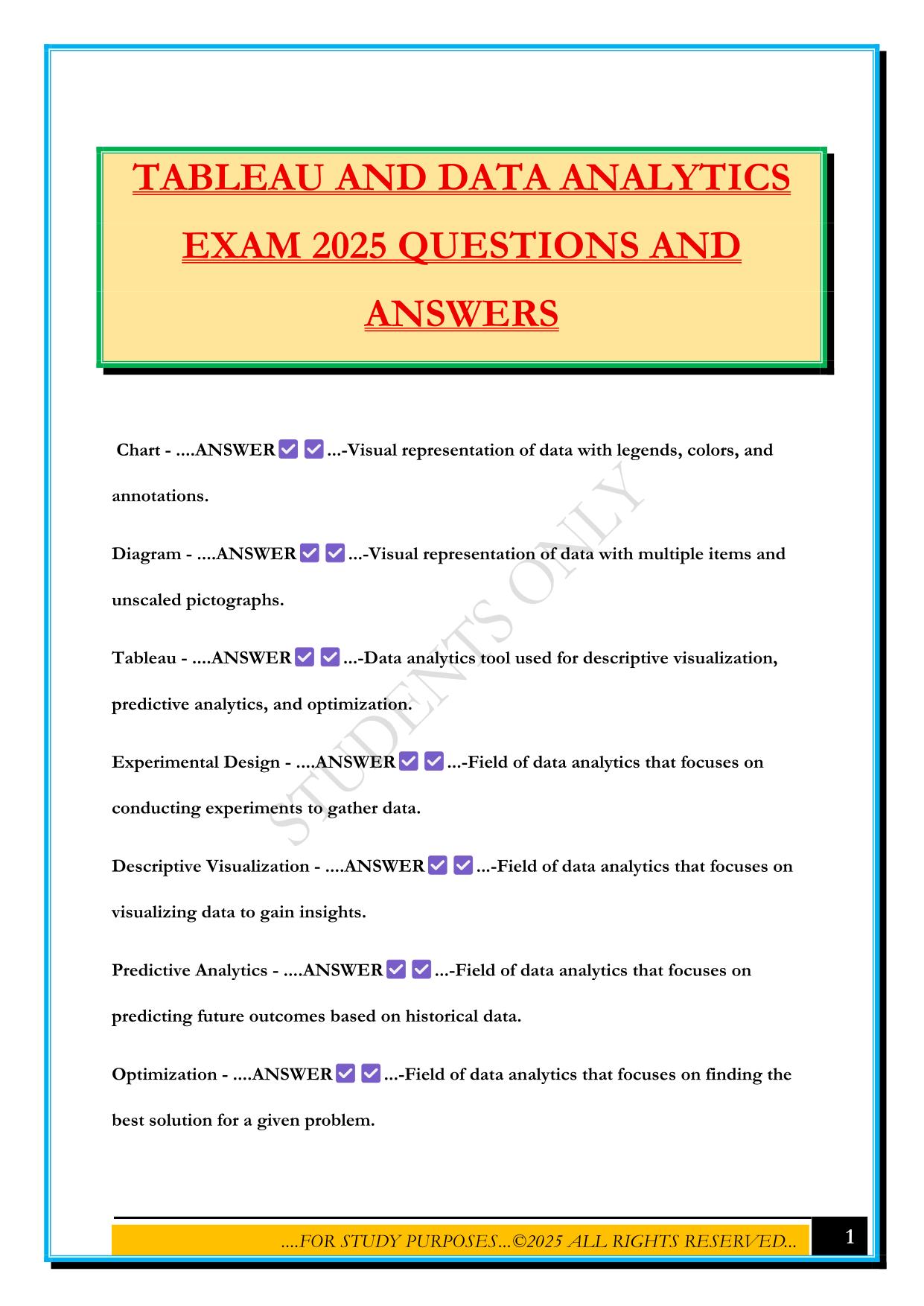 TABLEAU AND DATA ANALYTICS EXAM 2025 QUESTIONS AND ANSWERS