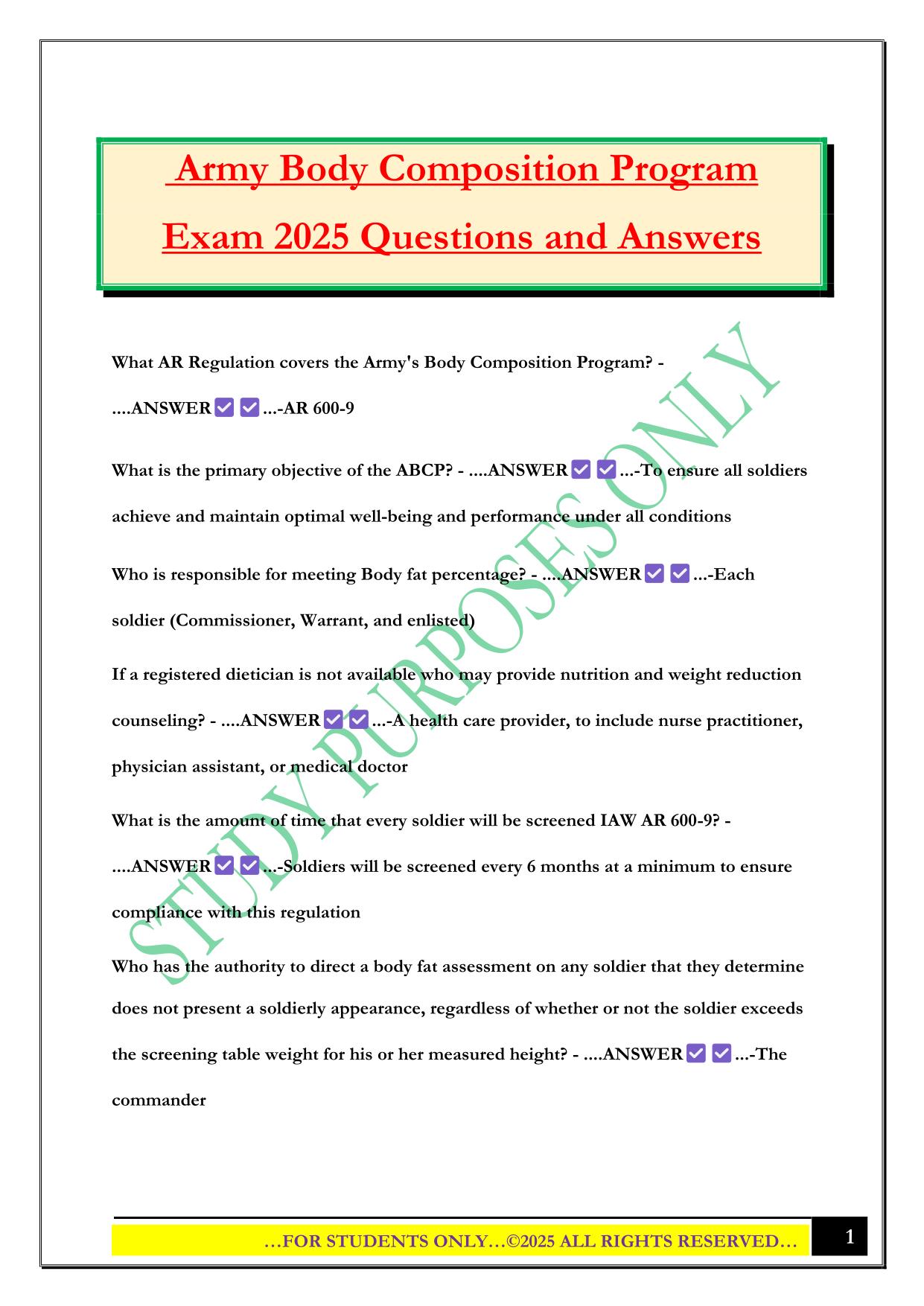 Army Body Composition Program Exam 2025 Questions and Answers
