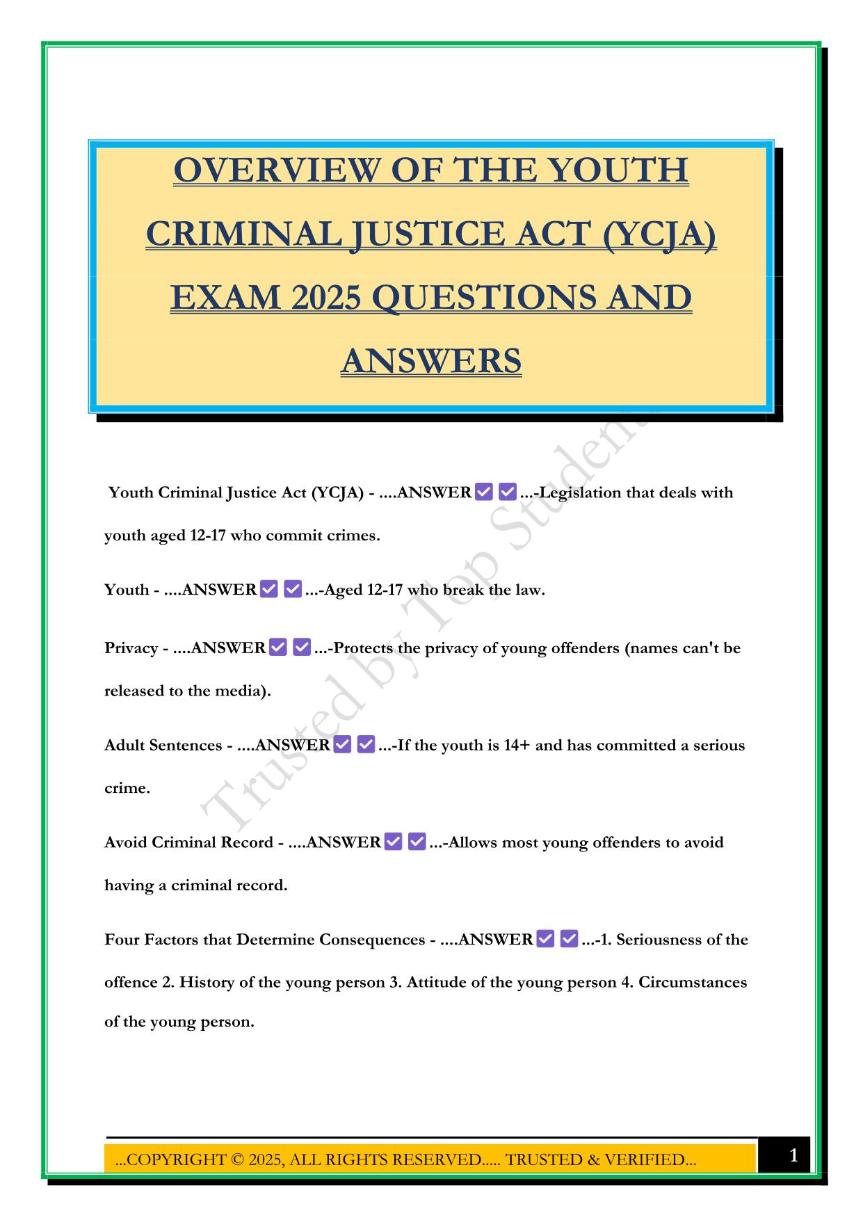 OVERVIEW OF THE YOUTH CRIMINAL JUSTICE ACT (YCJA) EXAM 2025 QUESTIONS AND ANSWERS