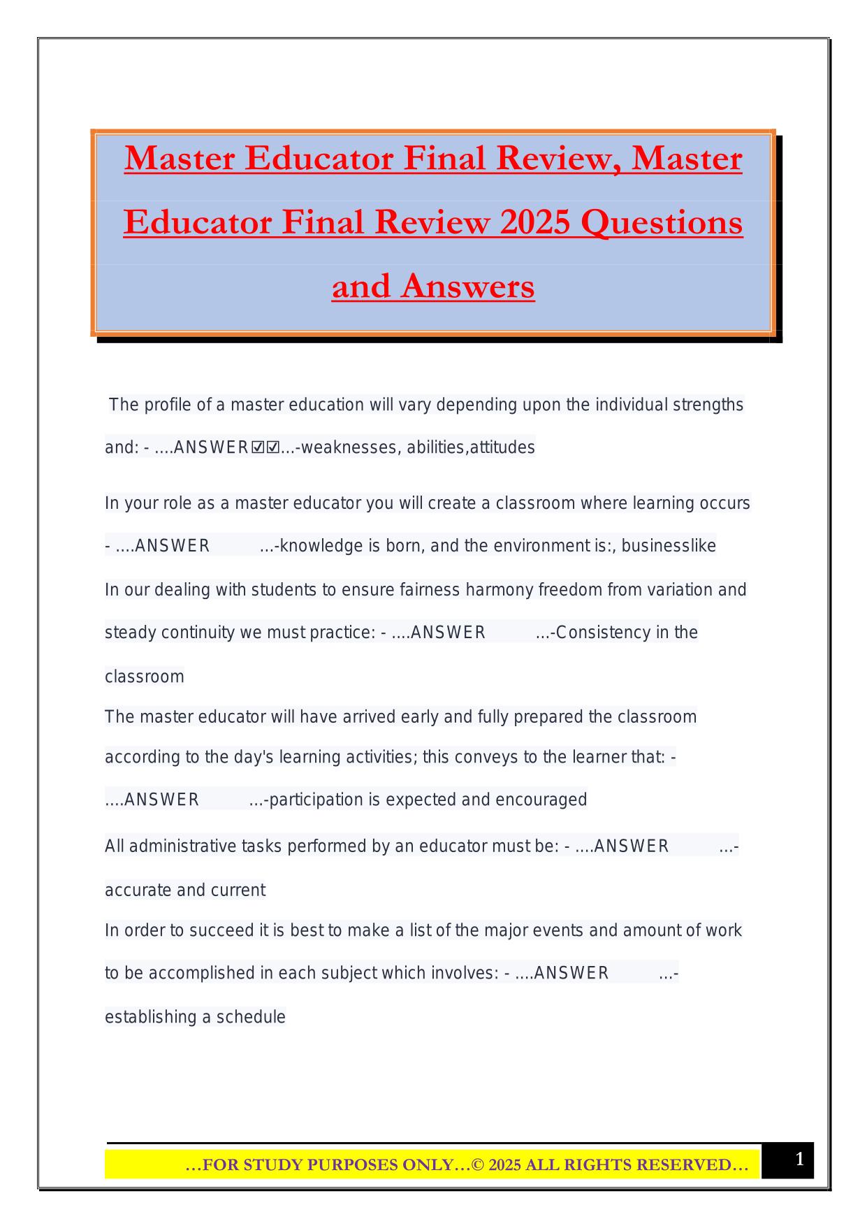 Master Educator Final Review, Master Educator Final Review 2025 Questions and Answers